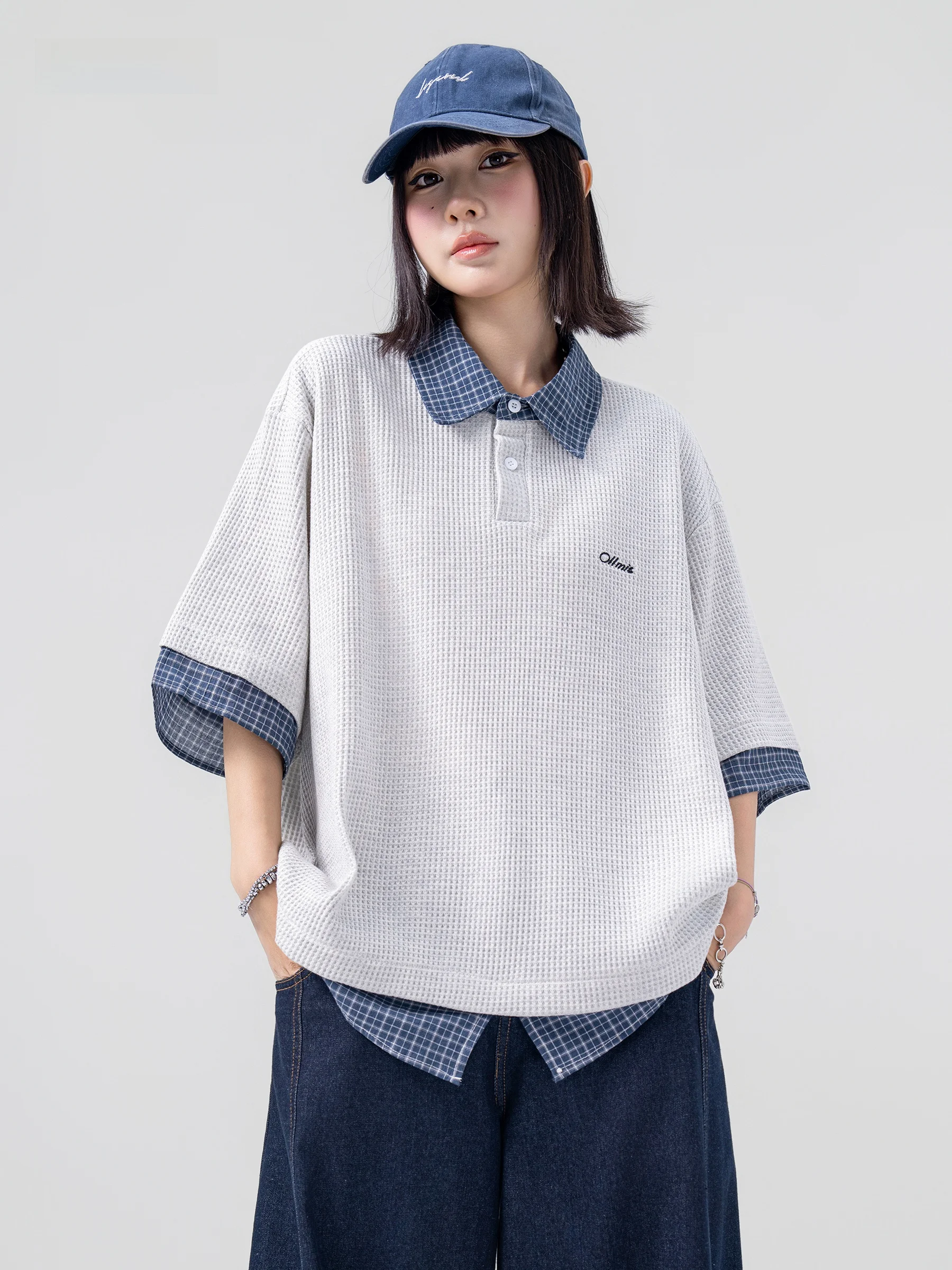 AOGZ  Short Sleeve Loose Fit Unisex Summer New Style Waffle Texture Fake Two-Piece T-Shirt Casual Fashion Breathable Cott...