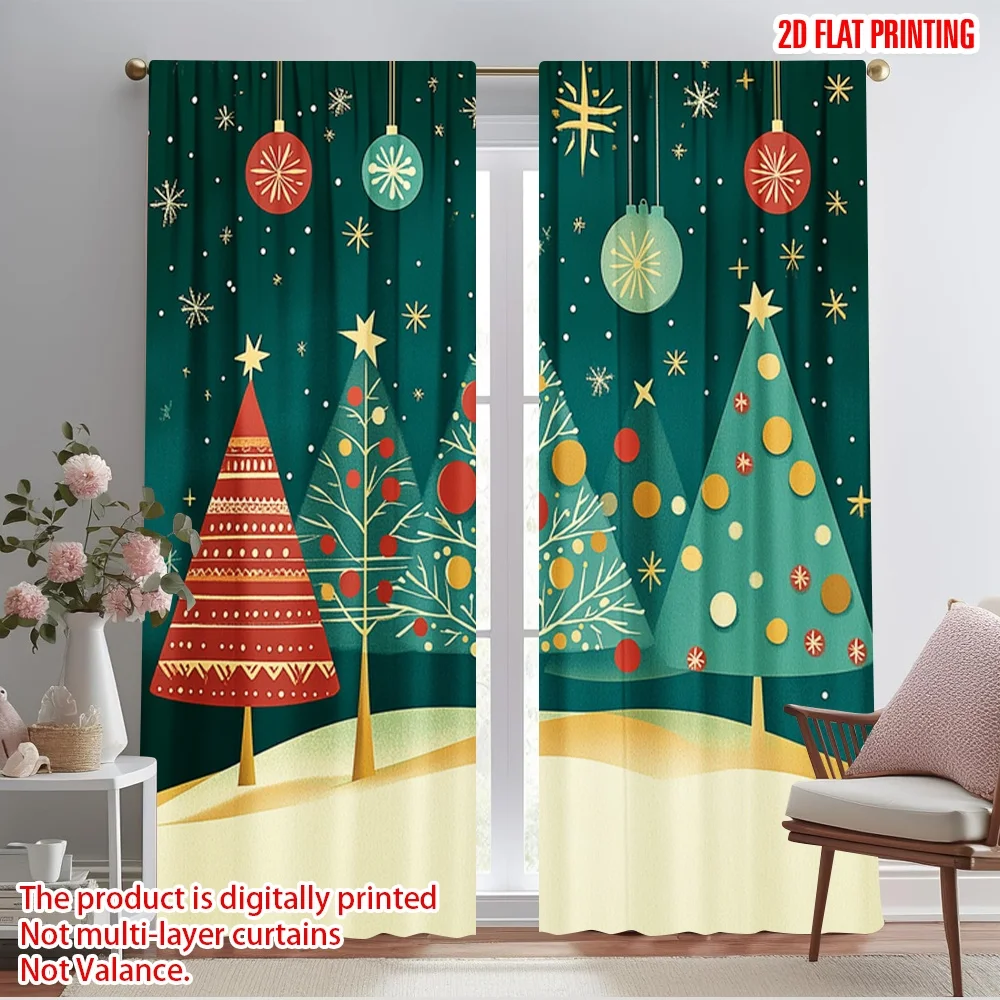 2pcs,2D plane printing Pattern Curtains Festive Christmas Trees Snowfall (2) Versatile 100% Polyester (without rod) Versatile