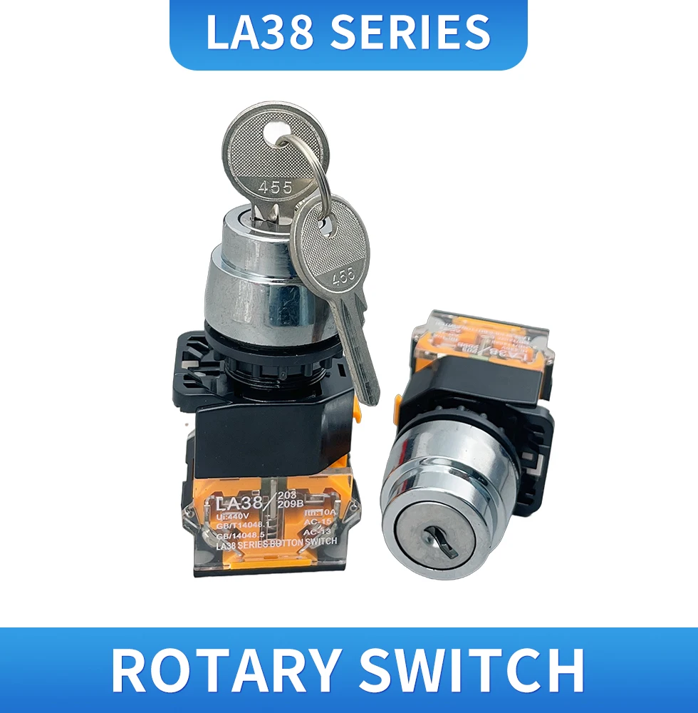 LA38-11Y/2 LA38-20Y/3 22mm Knob Selector Rotary Lock Key Switch 2 3 Position 1NO1NC 2NO with 2 Keys Latching Push Button Switch