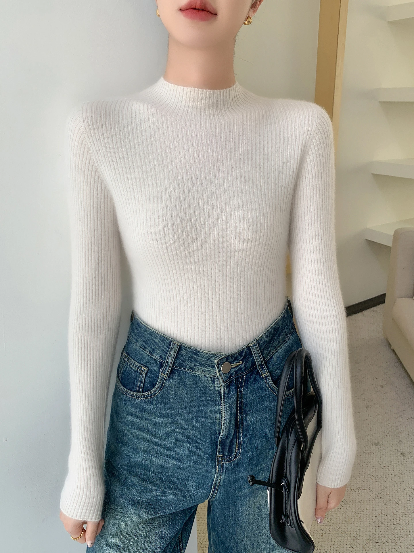 Elegante vrouw merinowollen trui Basic vrouwelijke herfst winter gebreide kleding slanke zachte trui lange mouw kleding tops dames trui