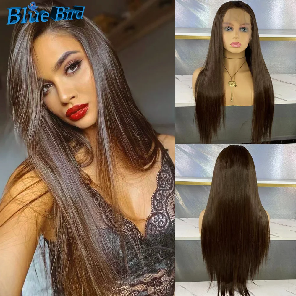 

BlueBird 13x6 Long 6# Silky Straight Lace Front Wig for Women Synthetic Front Lace Wigs Futura Hair Wigs Free Part 6Inch Part