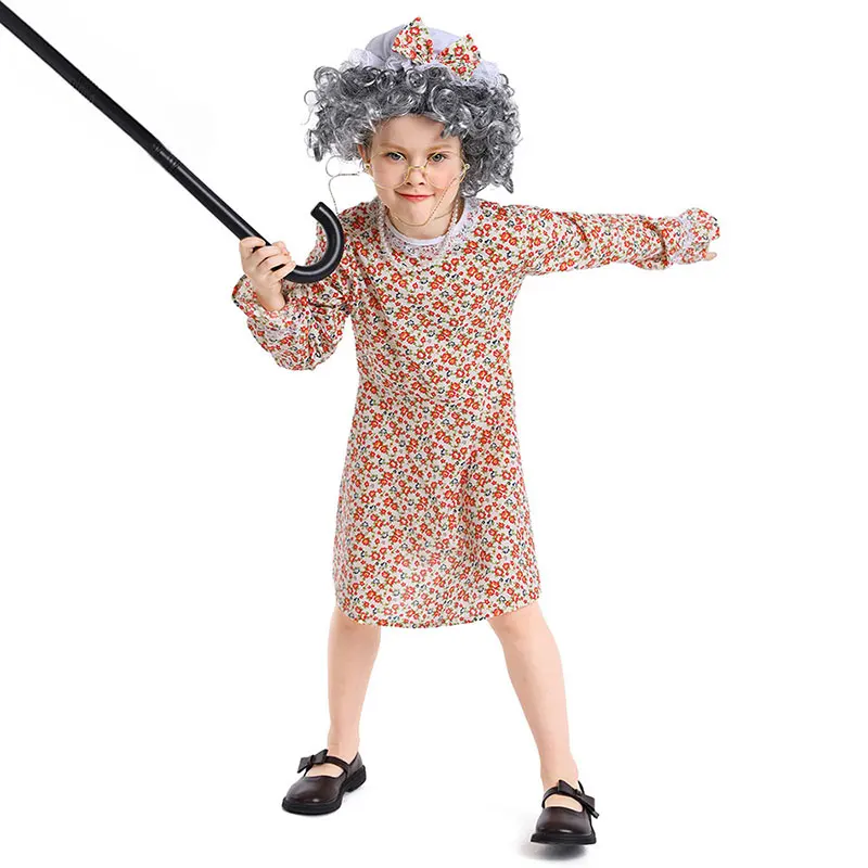 Umorden Child Kids Old Woman Lady Costume for Girls Granny Grandma Cosplay Dress Wig Crutch Glasses Full Set 4-16Y Tween & Teens