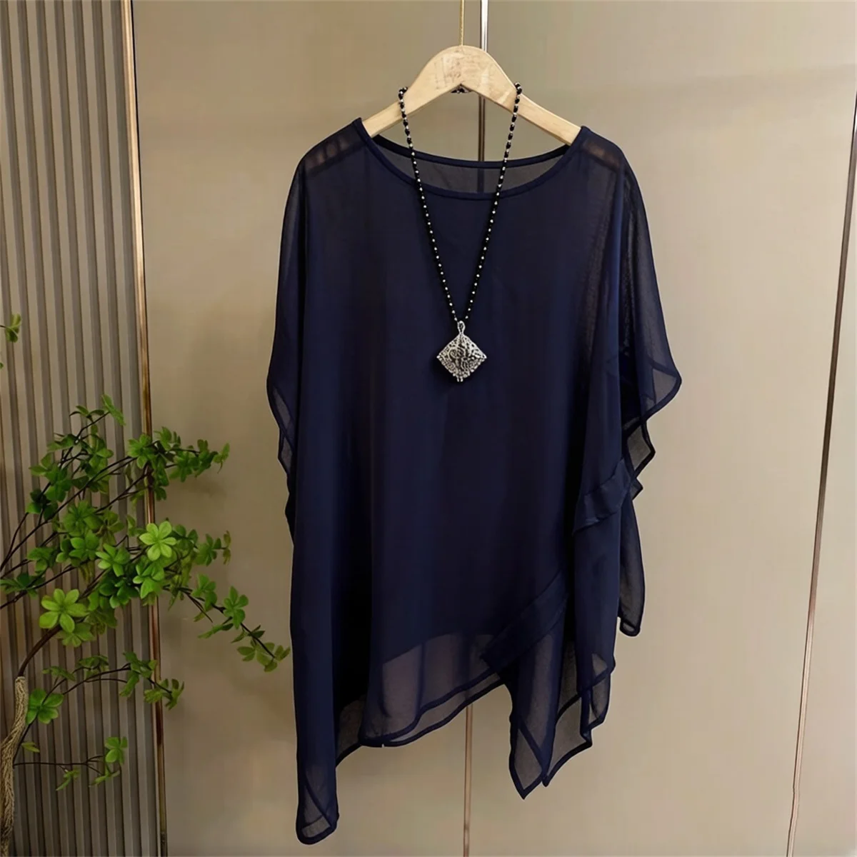 

plus Size Chiffon Asymmetrical Blouse Summer New Short Sleeve Solid Loose Fit Office Shirt Vintage Casual Women's Top
