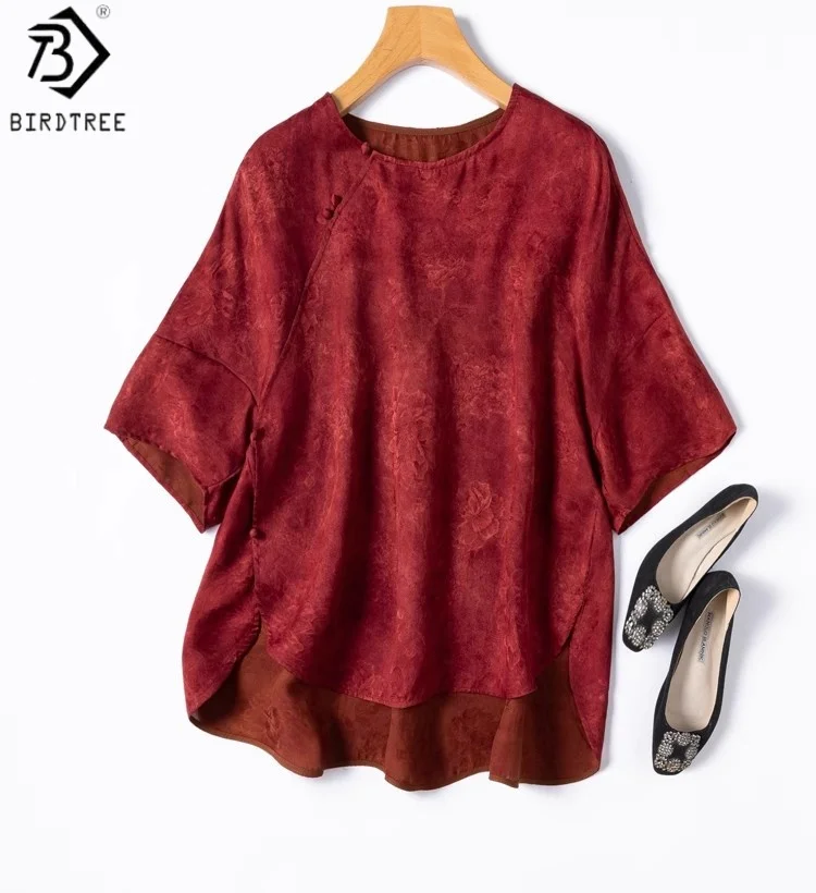 

Birdtree 100% Mulberry Silk Red Shirt,Women Jacquard O-neck Dolman Sleeve Loose Diagonal Placket Blouse Tops,2025 New T57602JF