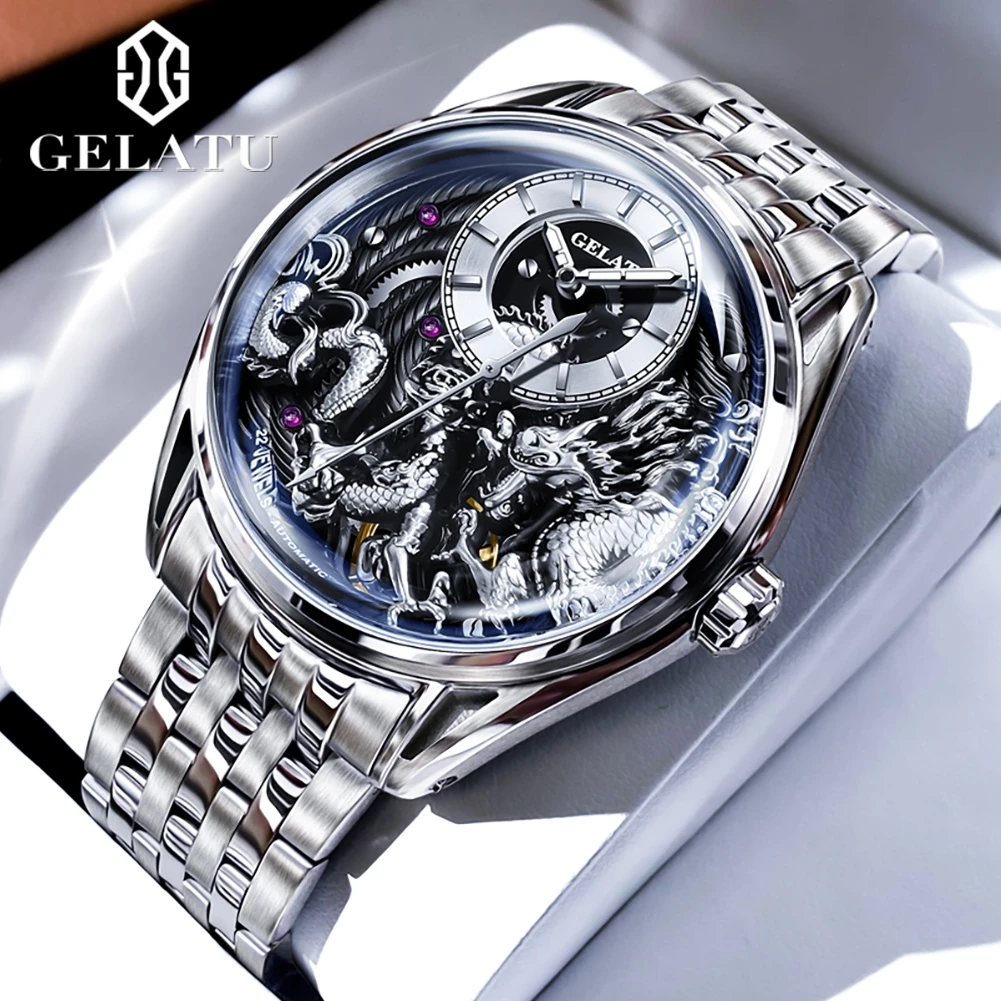 GELATU 6018 Men\'s Watches Relief Dragon Fully Automatic Mechanical Watch for Men Sapphire Mirror Men\'s Wristwatches Luxury Brand