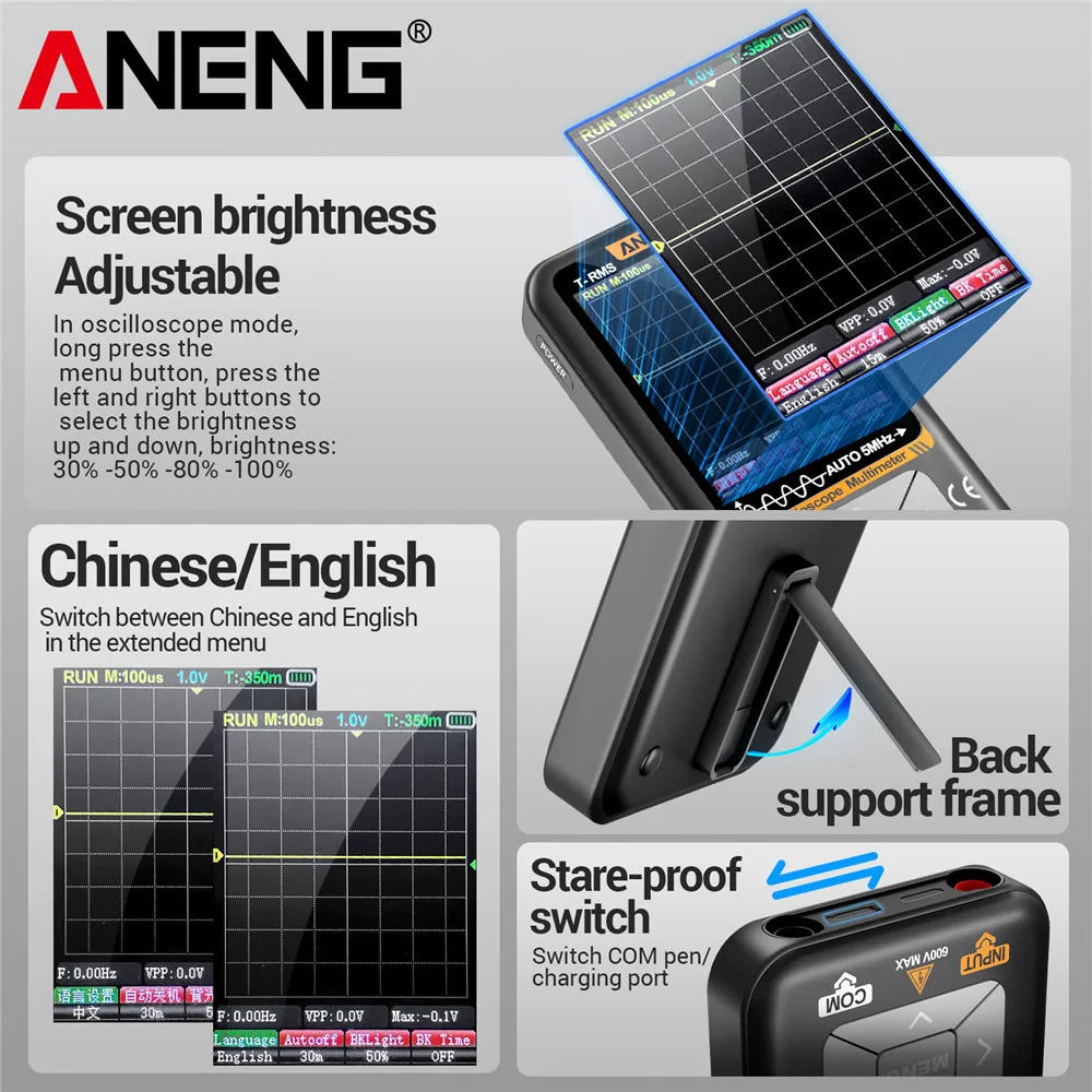 ANENG AOS12 มัลติมิเตอร์ 2-in-1 Oscilloscope 5MHZ 48MSa/s Sampling แบบพกพา Oscilloscope มัลติฟังก์ชั่นเครื่องทดสอบไฟฟ้าเครื่องมือ