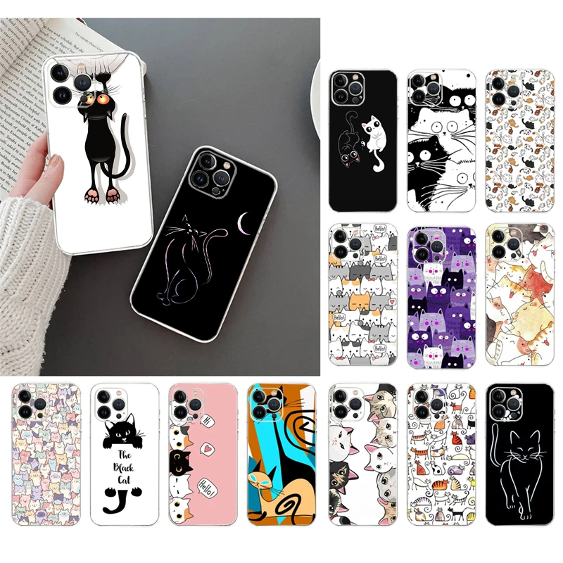 

Phone Case For iPhone 16 15 14 Pro Max 16 15 14 13 12 Pro 15 14 Plus SE Cartoon Black Cat Cats Case Funda