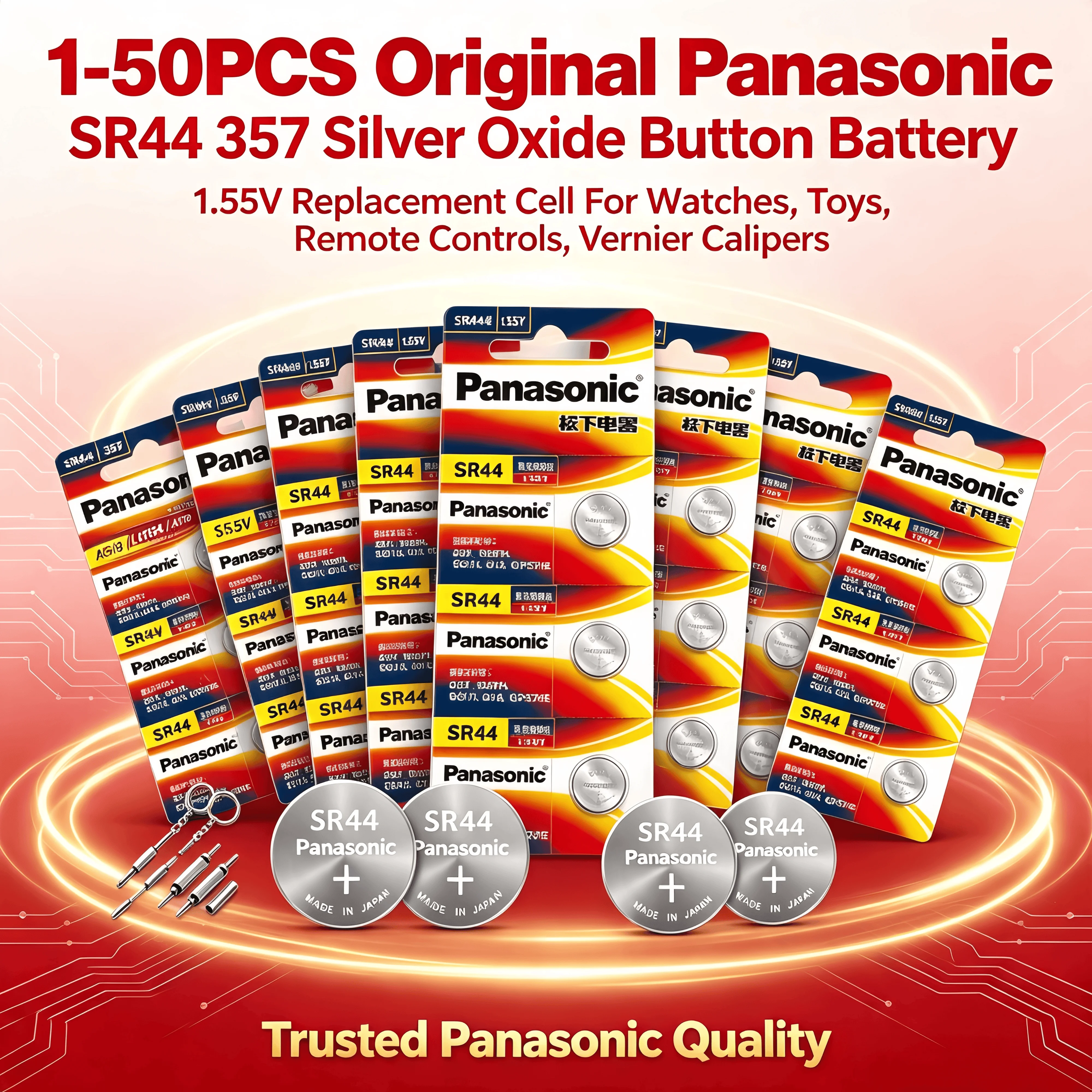 Original Panasonic SR44 357 Silver Oxide Button Battery 1.55V, Replacement Cell For Watches,Remote Controls,Vernier Calipers