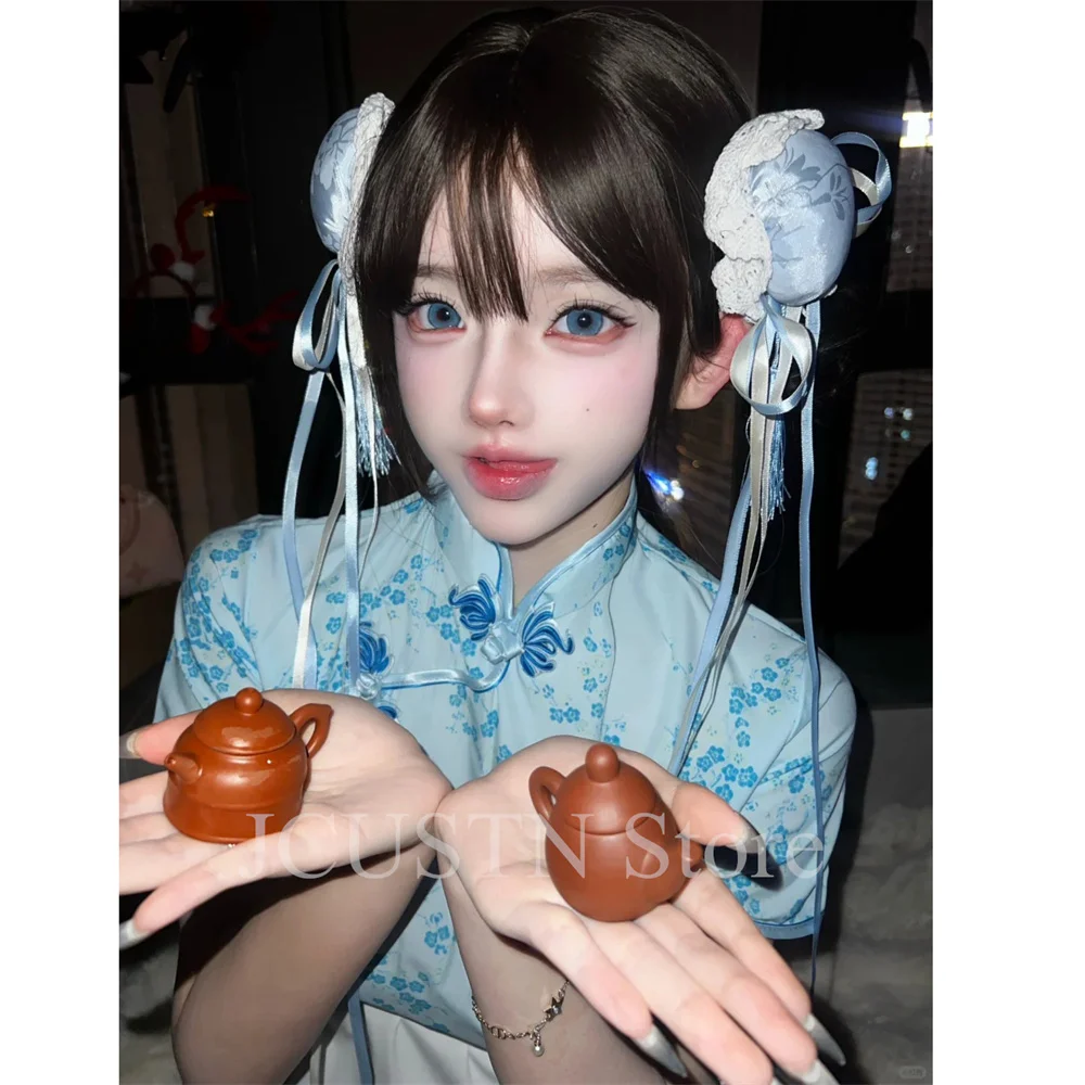 Blue Y2K Cheongsam Sexy Short Chinese Style Dress Women Satin Jacquard Qipao Cosplay Traditional Costume Short Lolita Maid Dress