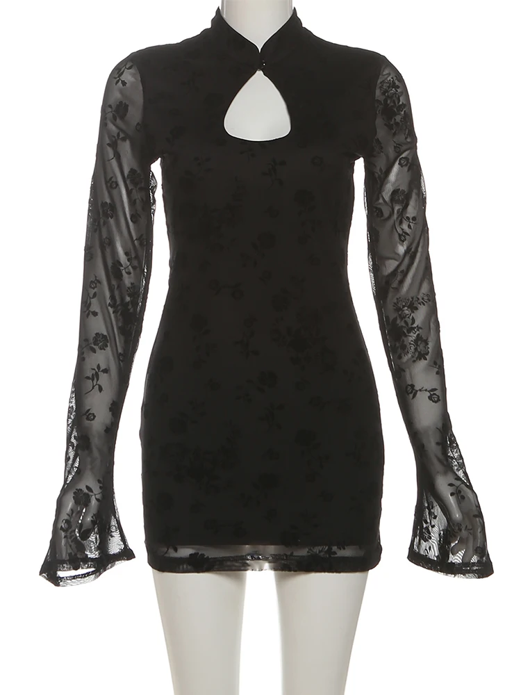 Kliou Seksowna Mini Sukienka z Wycięciami, Dekolt Okrągły, Koronkowe Wstawki, Rozkloszowane Rękawy, Dopasowana, Wysoki Stan, Elegancka Sukienka Bodycon na Wieczorne Przyjęcie, Bal Maturalny