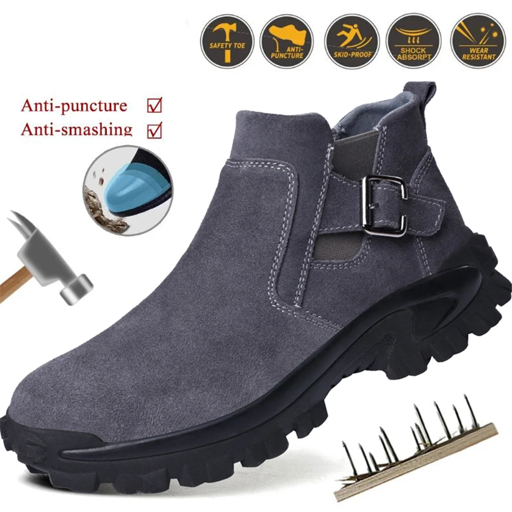 Slip-on men's soft-soled safety shoes work shoes anti-smashing steel toe work boots leather wear-resistant welder shoes