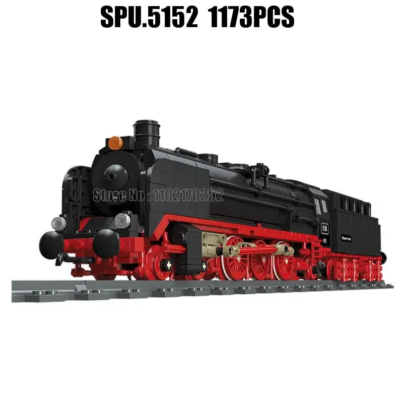 59004 1173pcs Red Germany Br01 Locomotive Steam Old Vintage Retro Classic Train Railway Building Blocks Toy