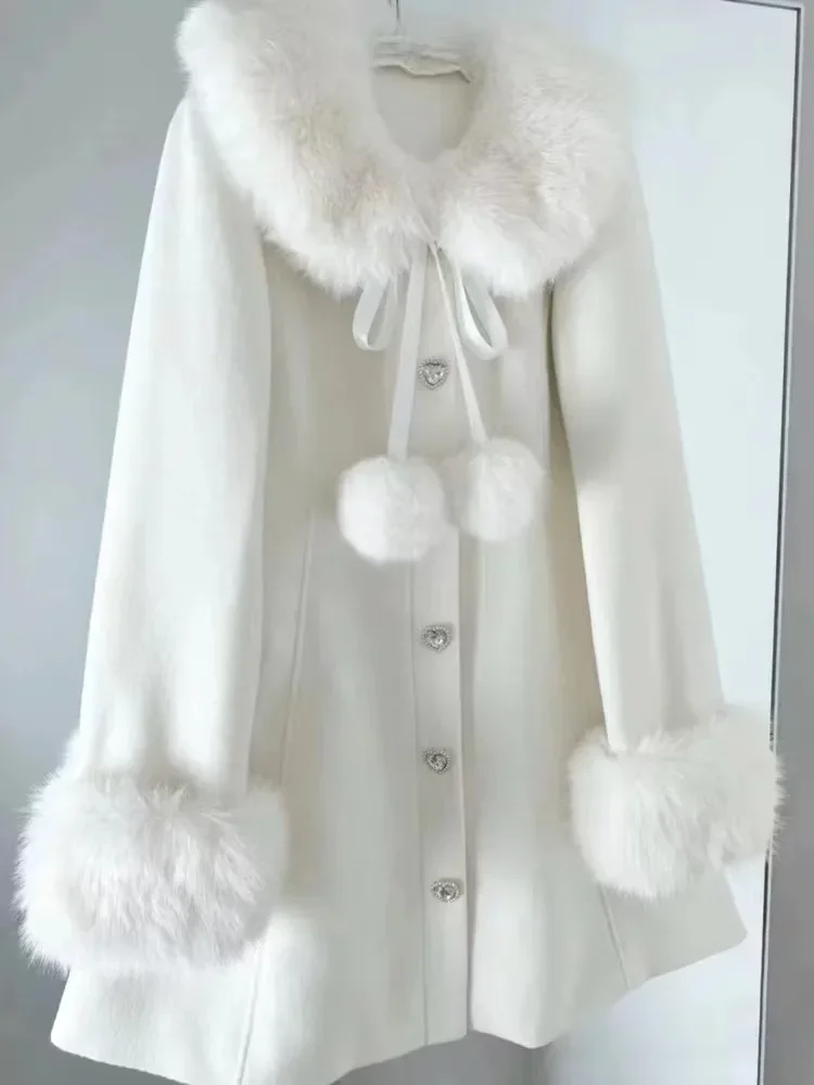 2024 New Winter Milk White Snowball Long Woolen Coat Women Lolita Girls Waist Sweet Gentle Woolen Thickened Cashmere Trench Coat