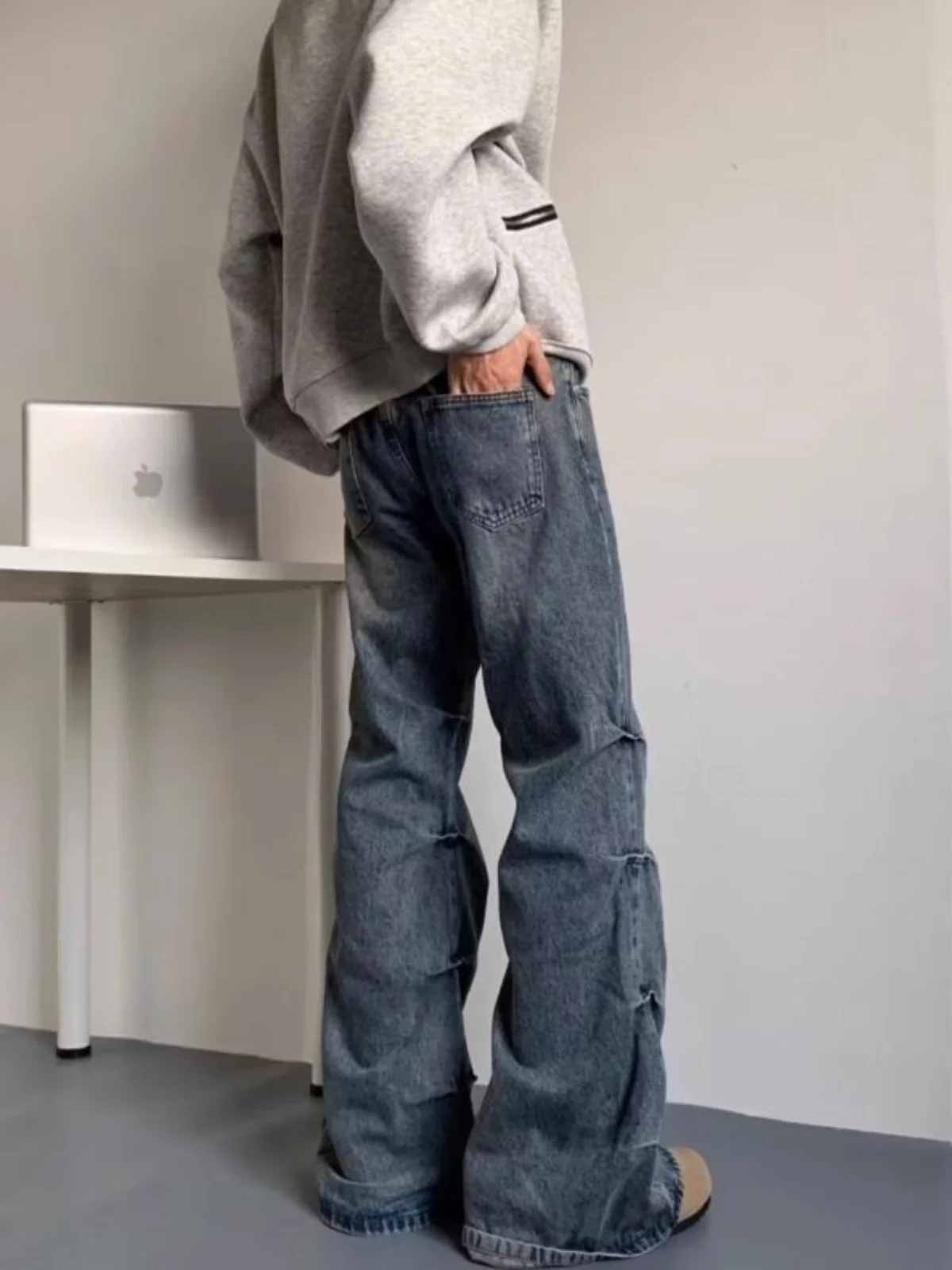 

American High Street Vibe Men's Jeans Autumn Winter New Trend Brand Pleated Design Straight Leg Micro Flared Long Trousers