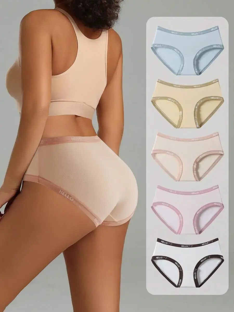 

5-Pack Womens Briefs Candy Colors Soft Fabric Letter Trim High-Quality Underwear S To L