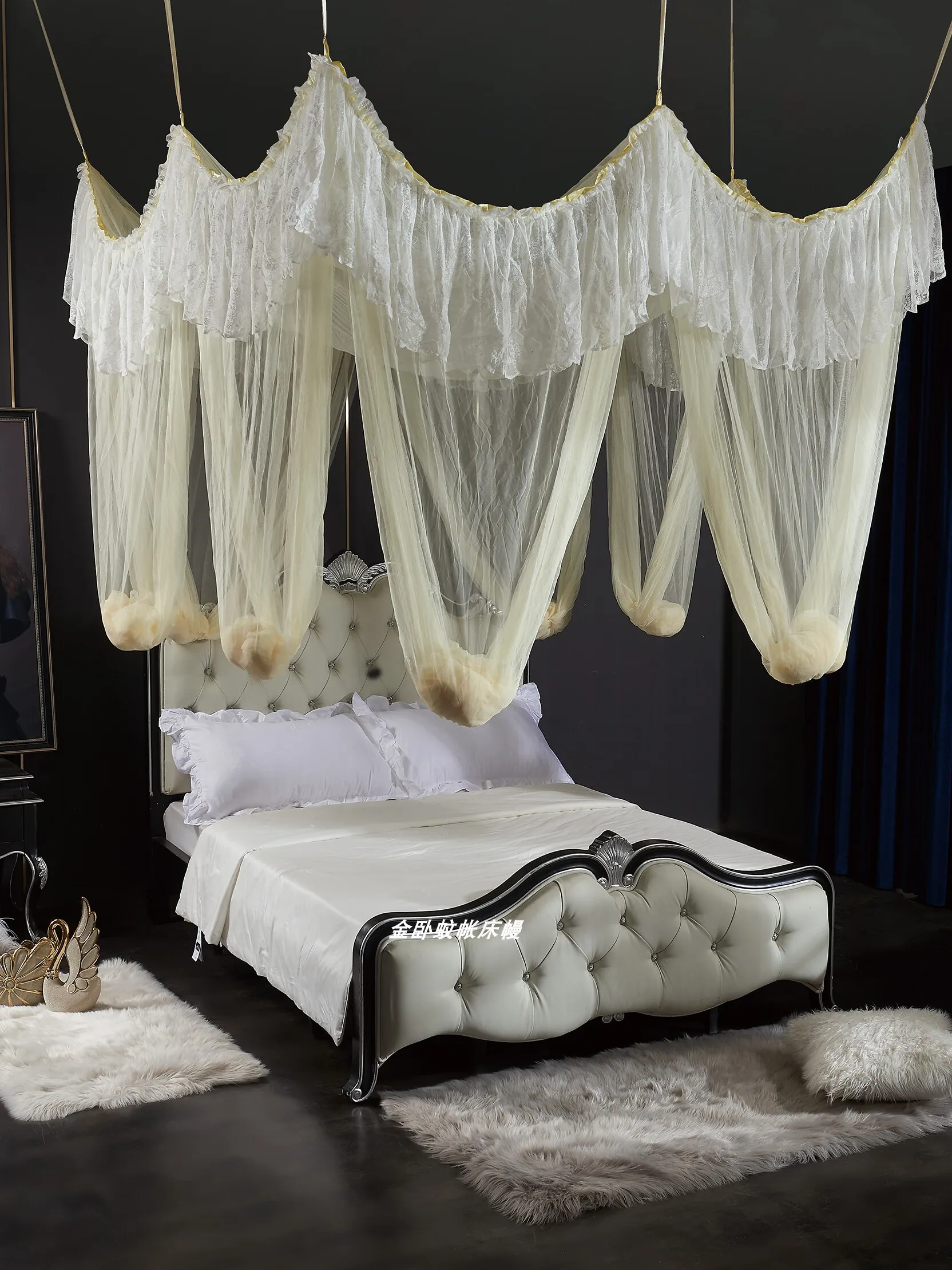 Golden lying European-style palace ceiling mosquito net, changeable installation-free, enlarged height eight-door princess bed