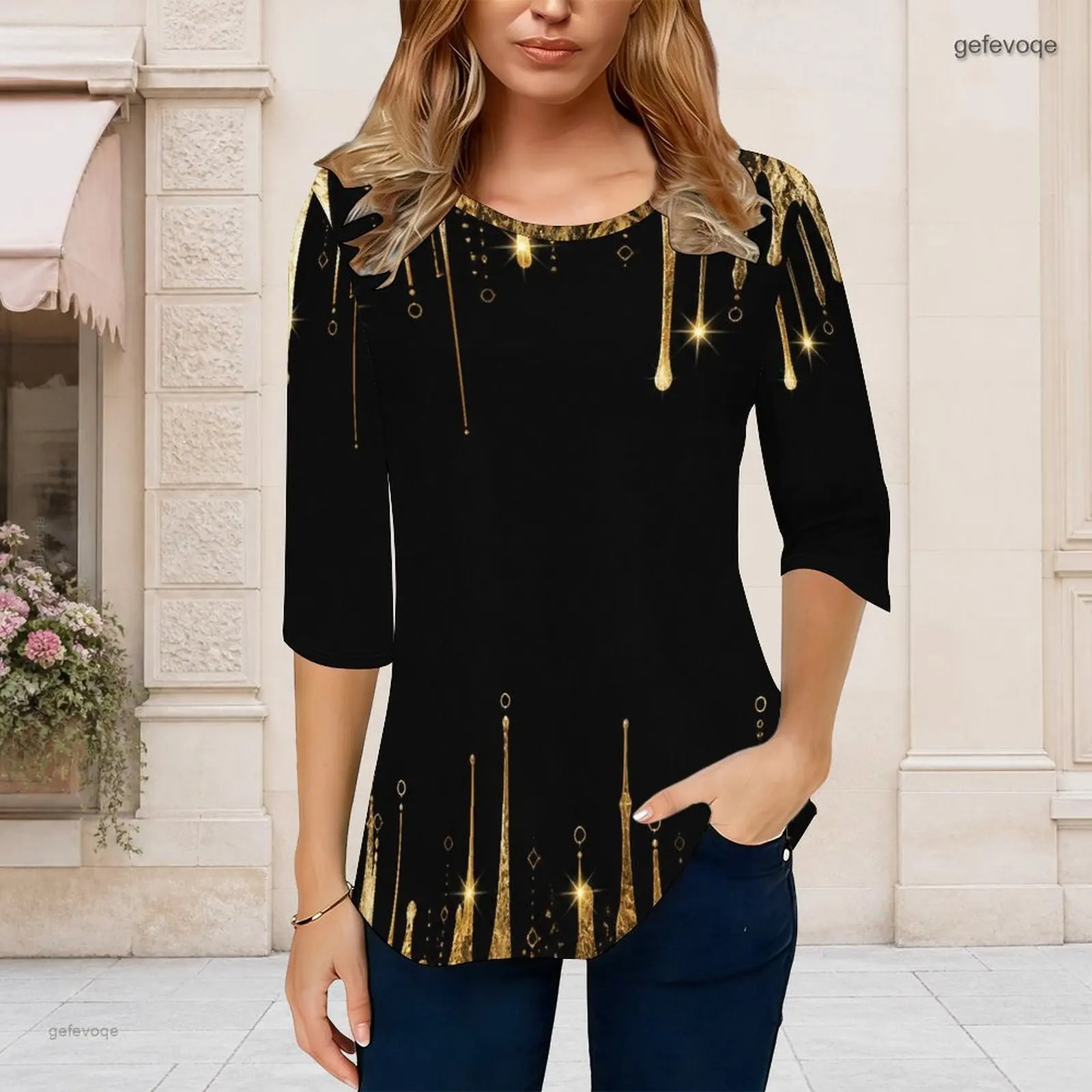 Women Black Golden Glitter Drip Printed Top Round Neck 3/4 Sleeve Curved Hem Casual Shirt