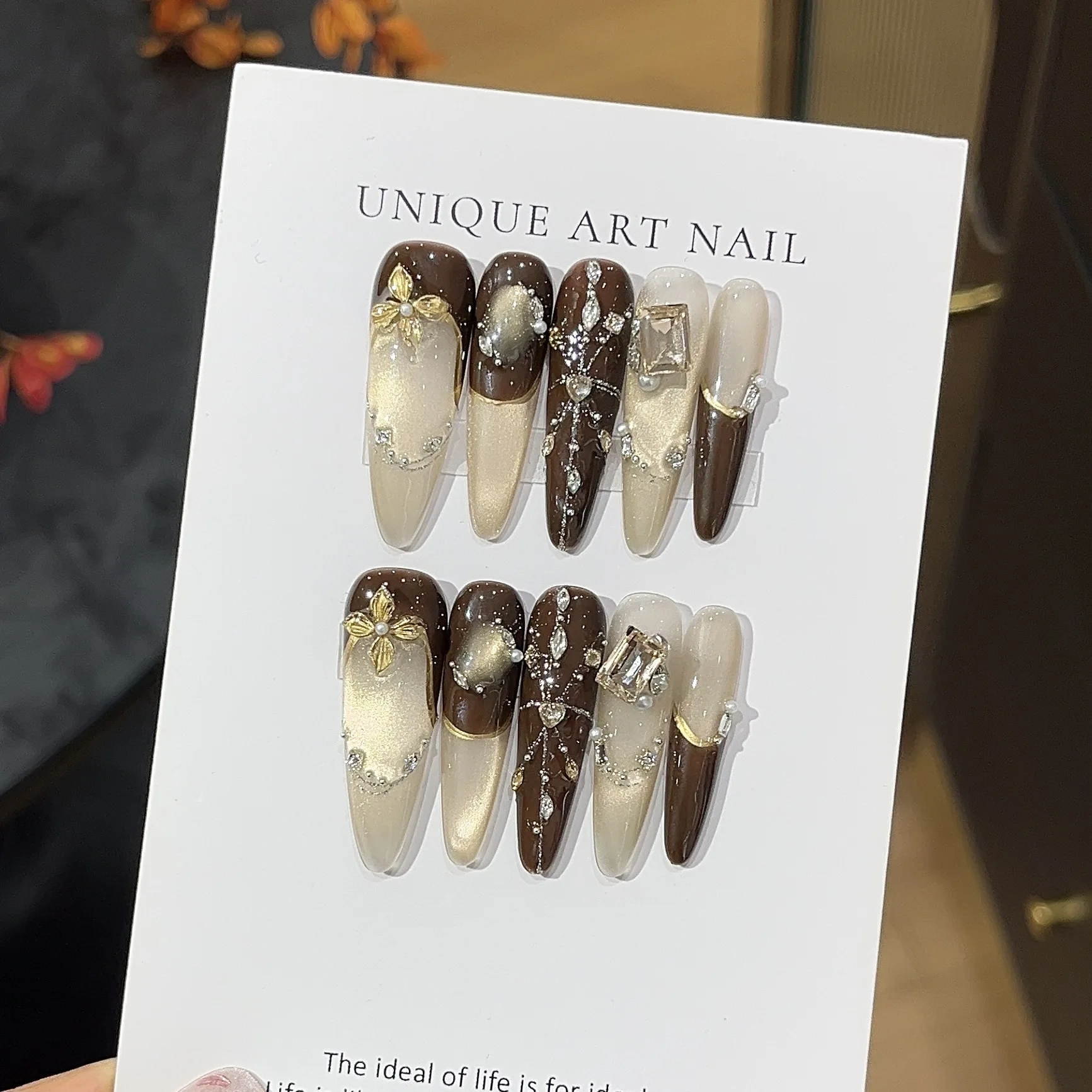 10 قطعة الصحافة اليدوية على الأظافر ضوء عين القط الفرنسية الزركون المكسور الماس يرتدي درع الأظافر كاذبة اضغط على مسمار تلميح الفن #4