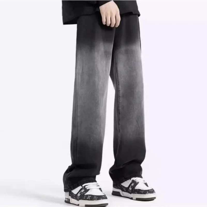 

Men Comfortable Straight Casual Jeans Male Soft Baggy Outside Denim Pants Classic Elastic Waist Solid Office Work Denim Trousers