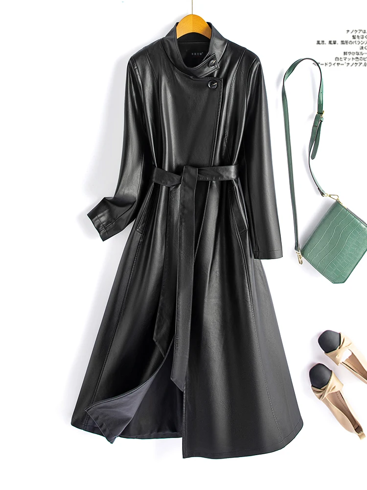 Manteau en cuir d'agneau véritable mi-long et ajusté pour femme, coupe-vent élégant, tendance mode 2024