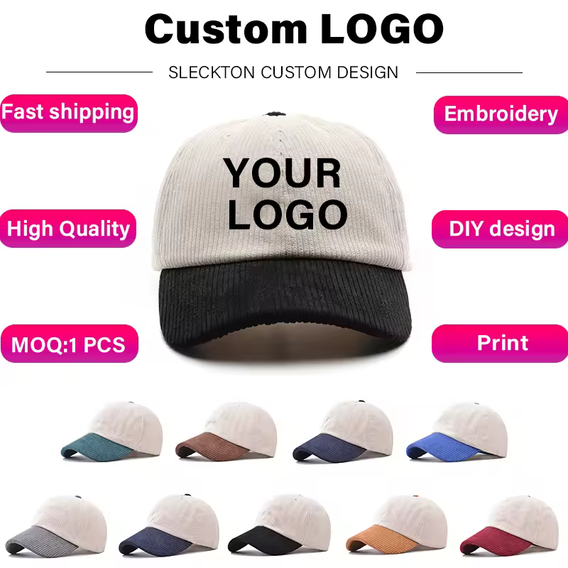 SLECKTON Logo Custom Baseball Cap for Men and Women Brand Design DIY Embroidery Print Summer Sun Hat Corduroy Unisex Wholesale