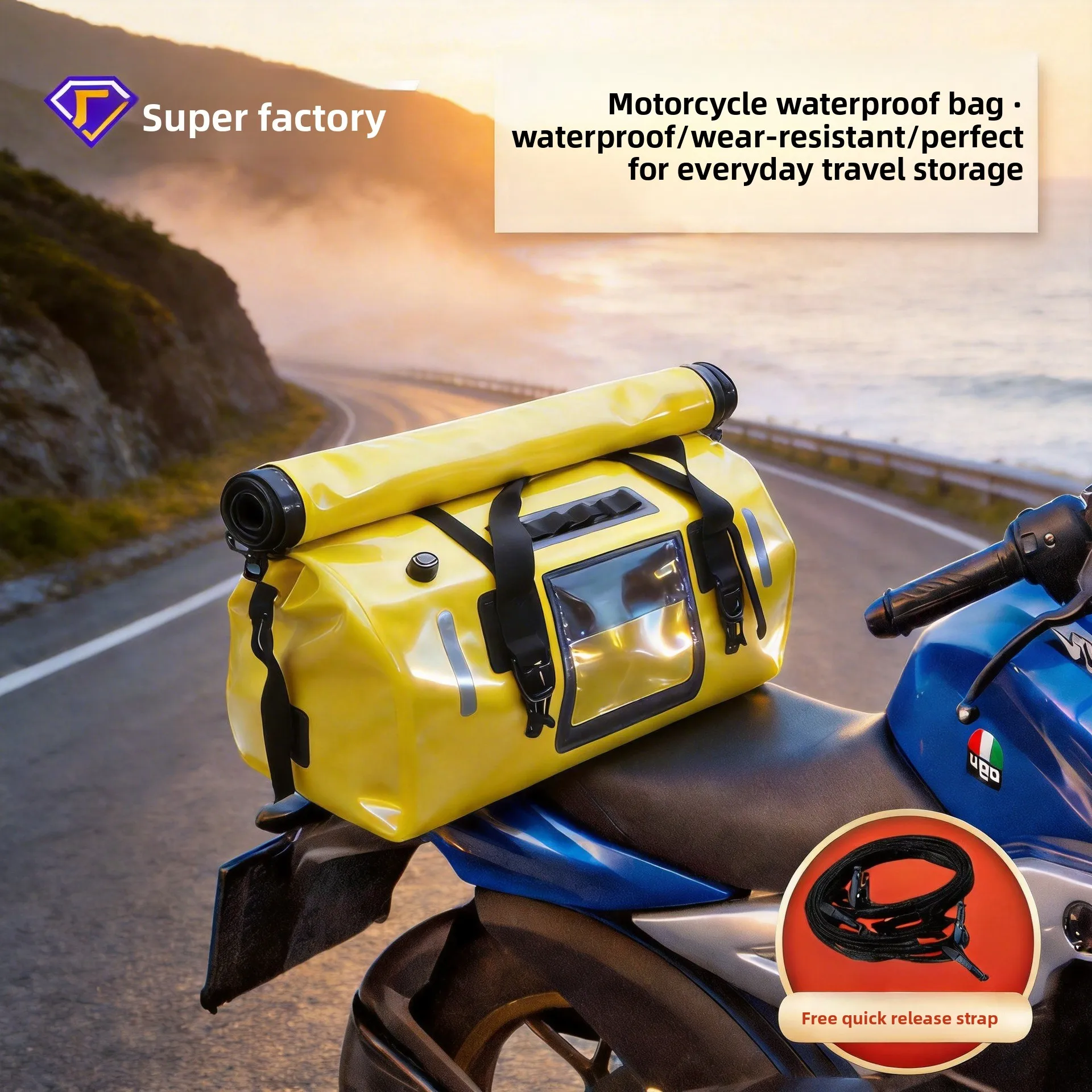 Waterproof Motorcycle Tail Bag 48L 66L Large Capacity PVC Duffel Roll Top Touring Luggage with Air Valve for Motorbike