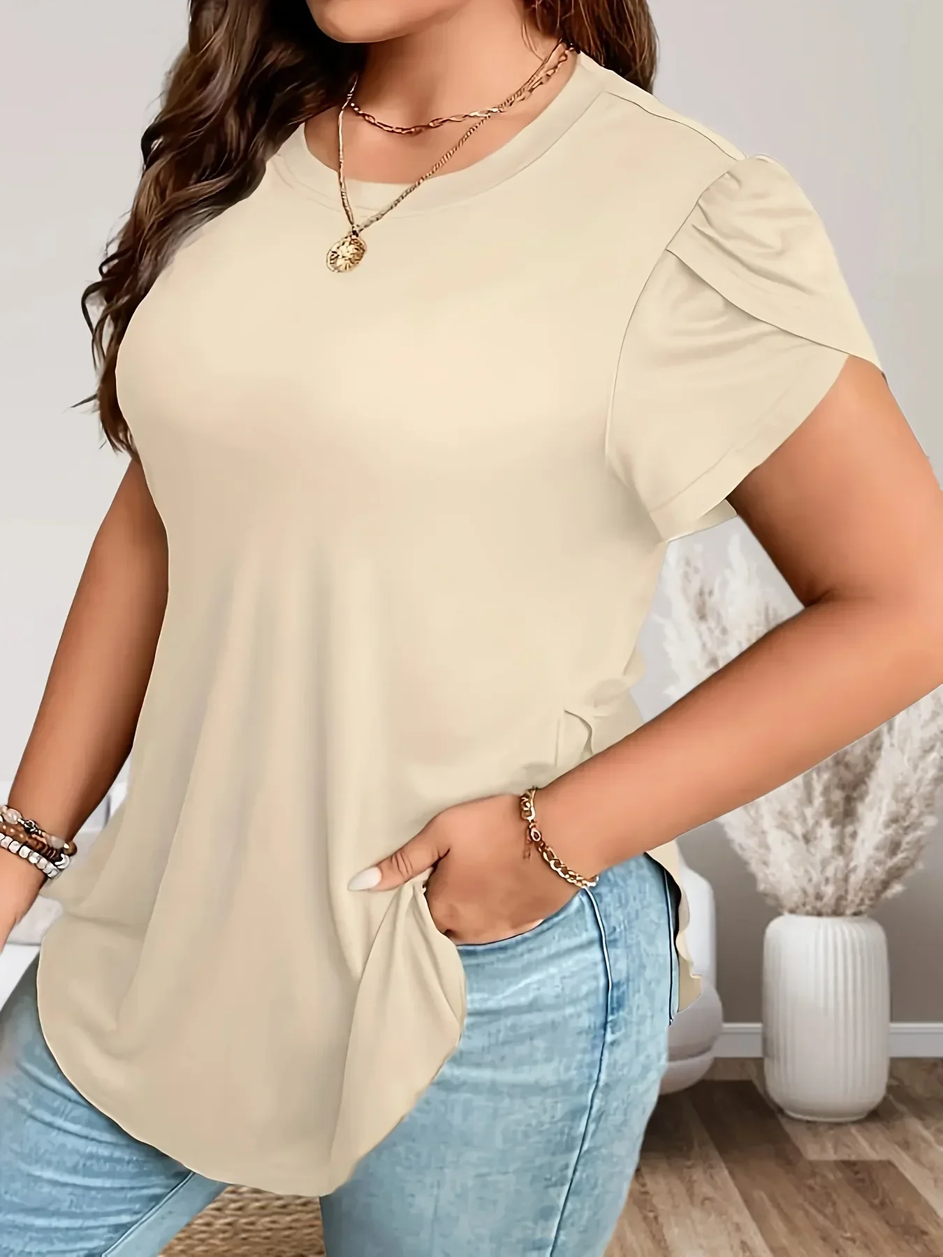 T-shirt de gola alta feminina, manga pétala, bainha curva, estilo elegante, adequado para vários, plus size, 1XL-5XL