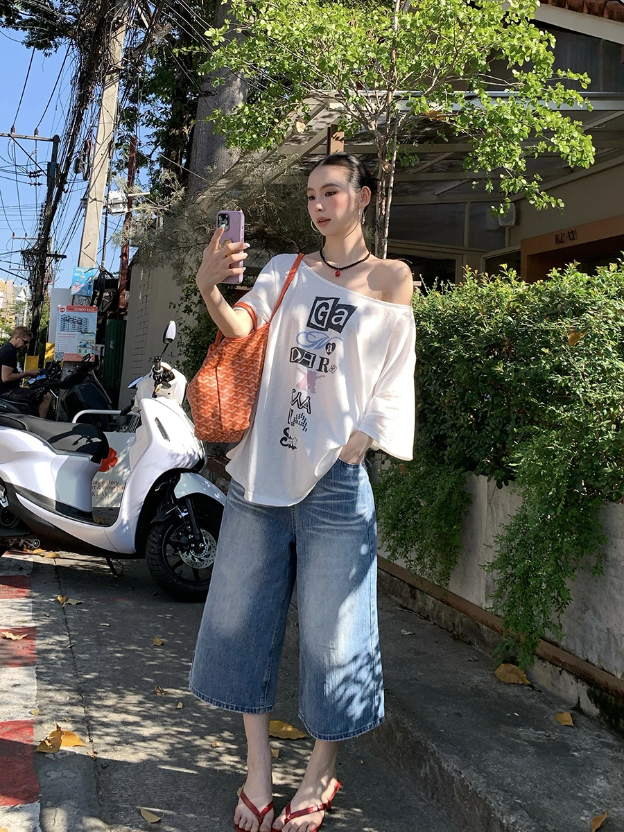 

Retro Blue Denim Jeans Women's Summer New Thin Wide Leg Waed Old Sle Eighteen Pants Seven-Five Mid-Pants Casual Low Waist