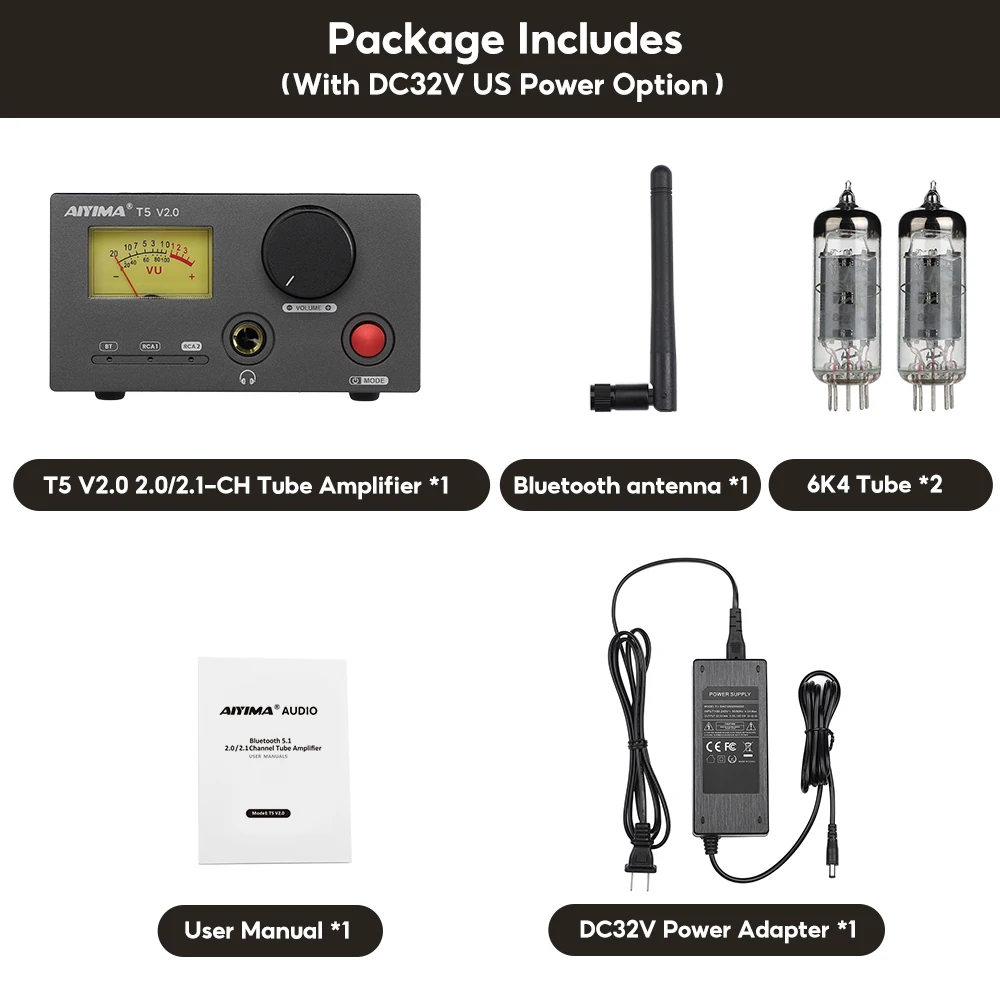 AIYIMA T5 V2.0 Bluetooth対応 真空管 ヘッドホンアンプ AIYIMA T5 V2.0 HiFi 2RCA Bluetooth 5.1 真空管ヘッドホンアンプ VU
