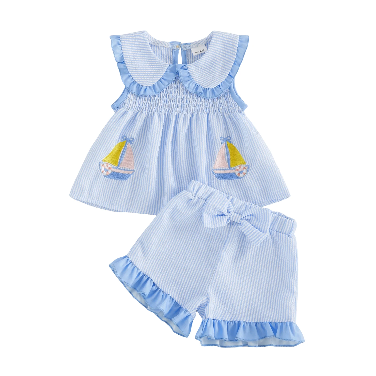 Toddler Baby Girl Shorts Set Striped Sailboat Sleeveless Smocked Babydoll Tops and Ruffle Shorts 2 Piece Summer Set