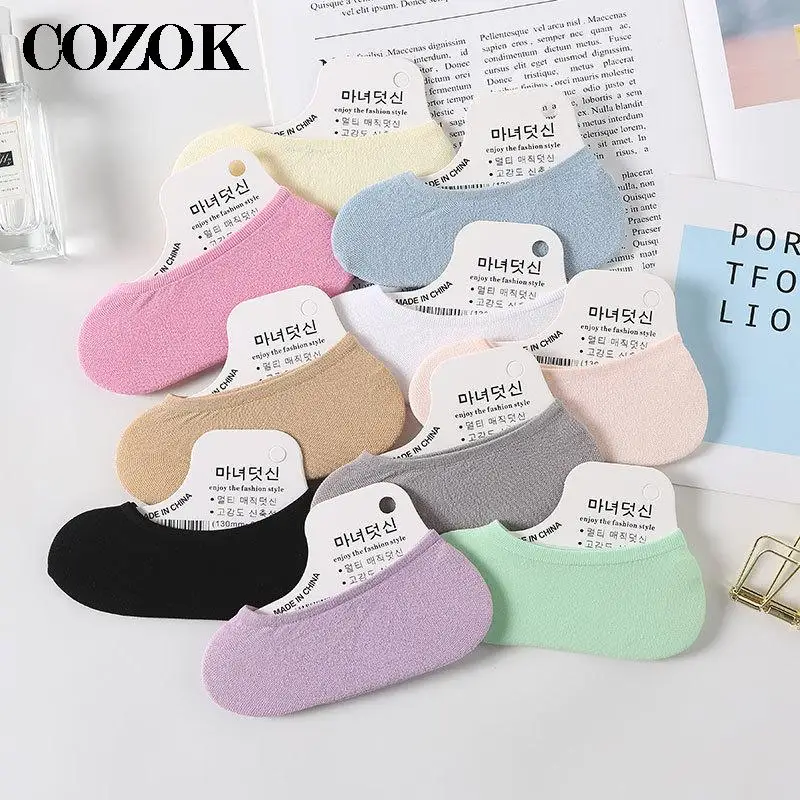 5 Pairs/lot Women Magic Socks EU25-39 Invisible Shallow Mouth Boat Socks Summer Thin Non-Slip Silicone Candy Color Velvet Socks