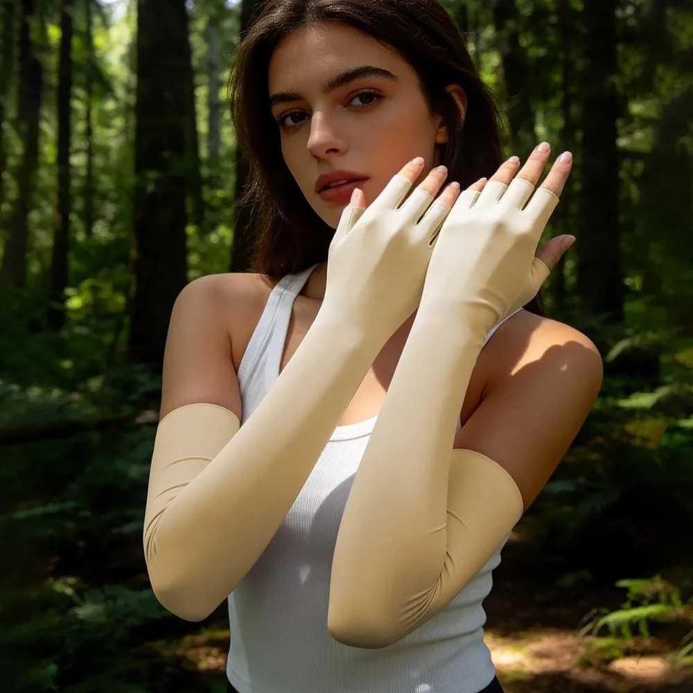 Elastic Ice Cooling Arm Sleeves Quick Dry Polyester Half Finger Gloves Lightweight Breathable Sun Protection Arm Cover Driving