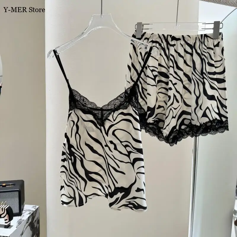 

2025 Summer New Ice Silk Pijama Mujer Sexy Lace Trim Pajama Sets Sleeveless Top Shorts 2Pcs Loungewear Home Clothes Pijama