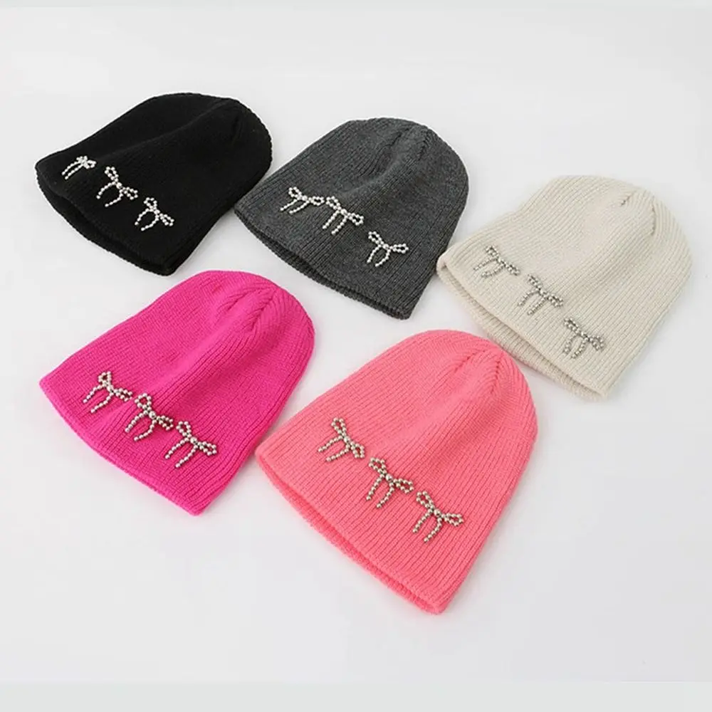 Fashion Bowknot Pearl Bow Beanies Warm Cap Korean Knitted Hat Jennie Style Wool Hat Knit Cap Girls