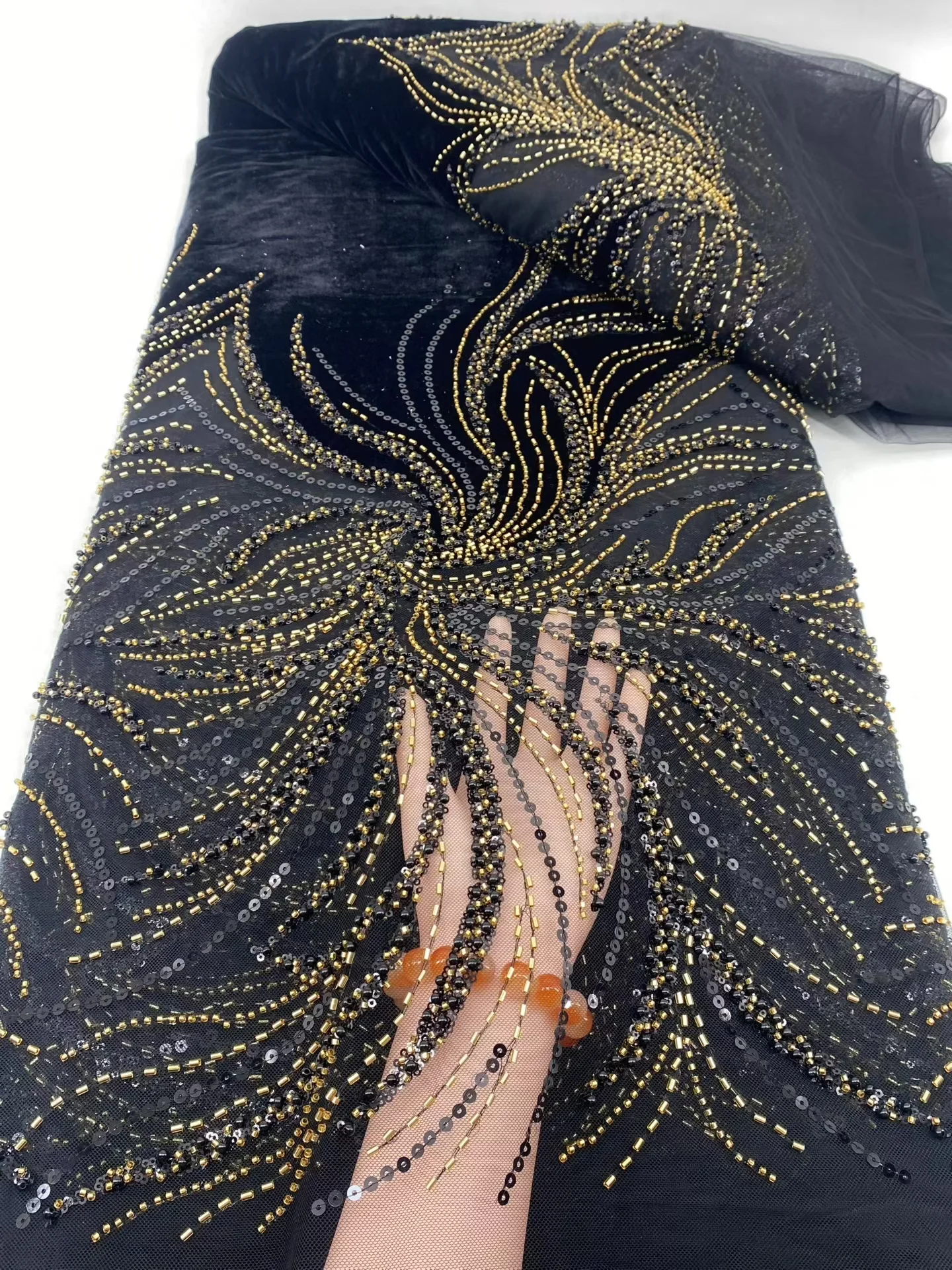 5야드 나이지리아 벨벳 스팽글 레이스 원단 고품질 아프리카 튤 수제 비즈 장식 네트 레이스 파티 드레스용 2025 녹색 Hm106-1