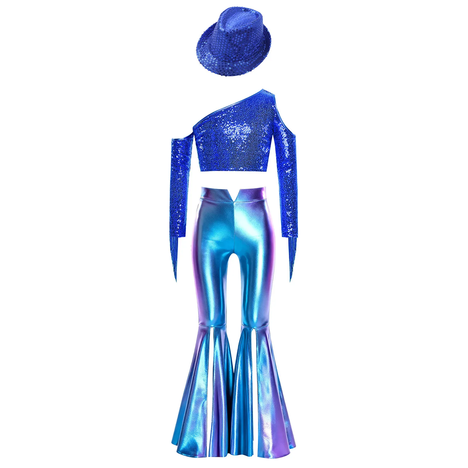 زي جاز للأطفال بتصميم الهيبي، ملابس ديسكو معدنية من السبعينيات للفتيات، أزياء رقص للأطفال مع ترتر، توب قصير + بنطلون واسع من الأسفل