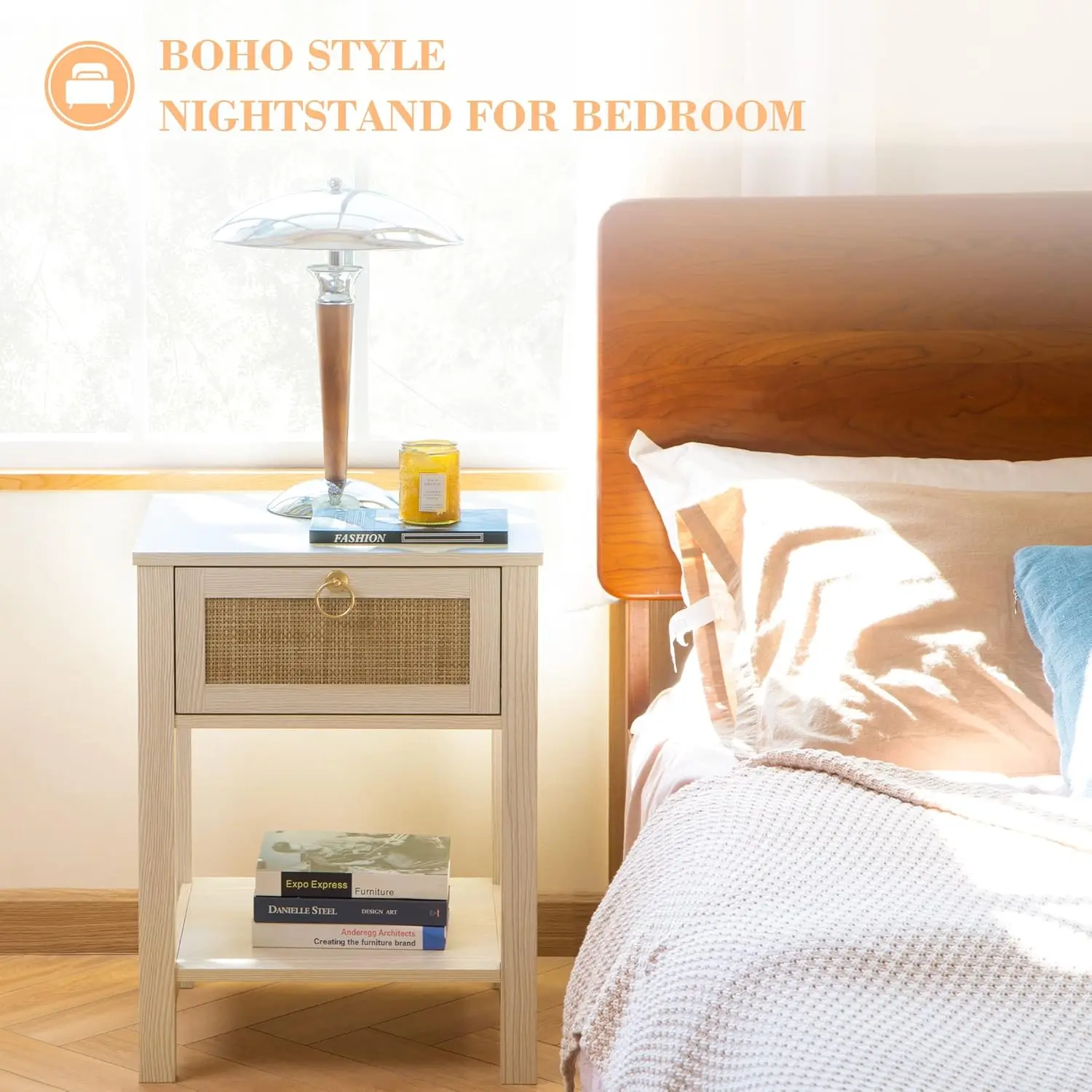 Nightstand ชุด 2,หวายตกแต่งลิ้นชักทองเหลือง Knobs Night Stand ไม้ข้างเตียงตาราง Boho End ตารางด้านข้างตารางเก็บ