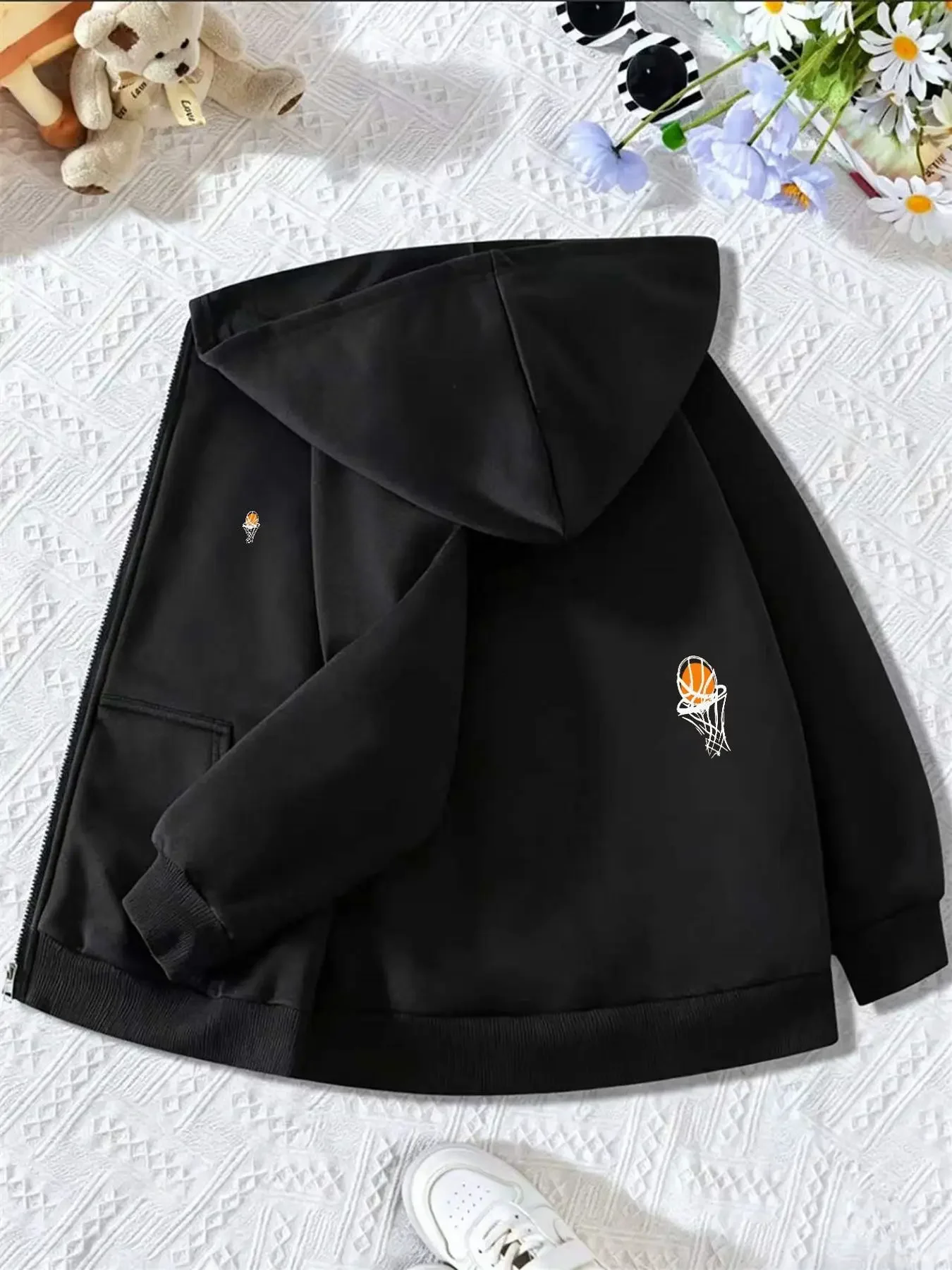 Kids Red Zip Up Hoodie Minimalist Basketball Hoop Graphic Print Long Sleeve Loose Hooded Jacket For Boys Sports Daily Outerwear
