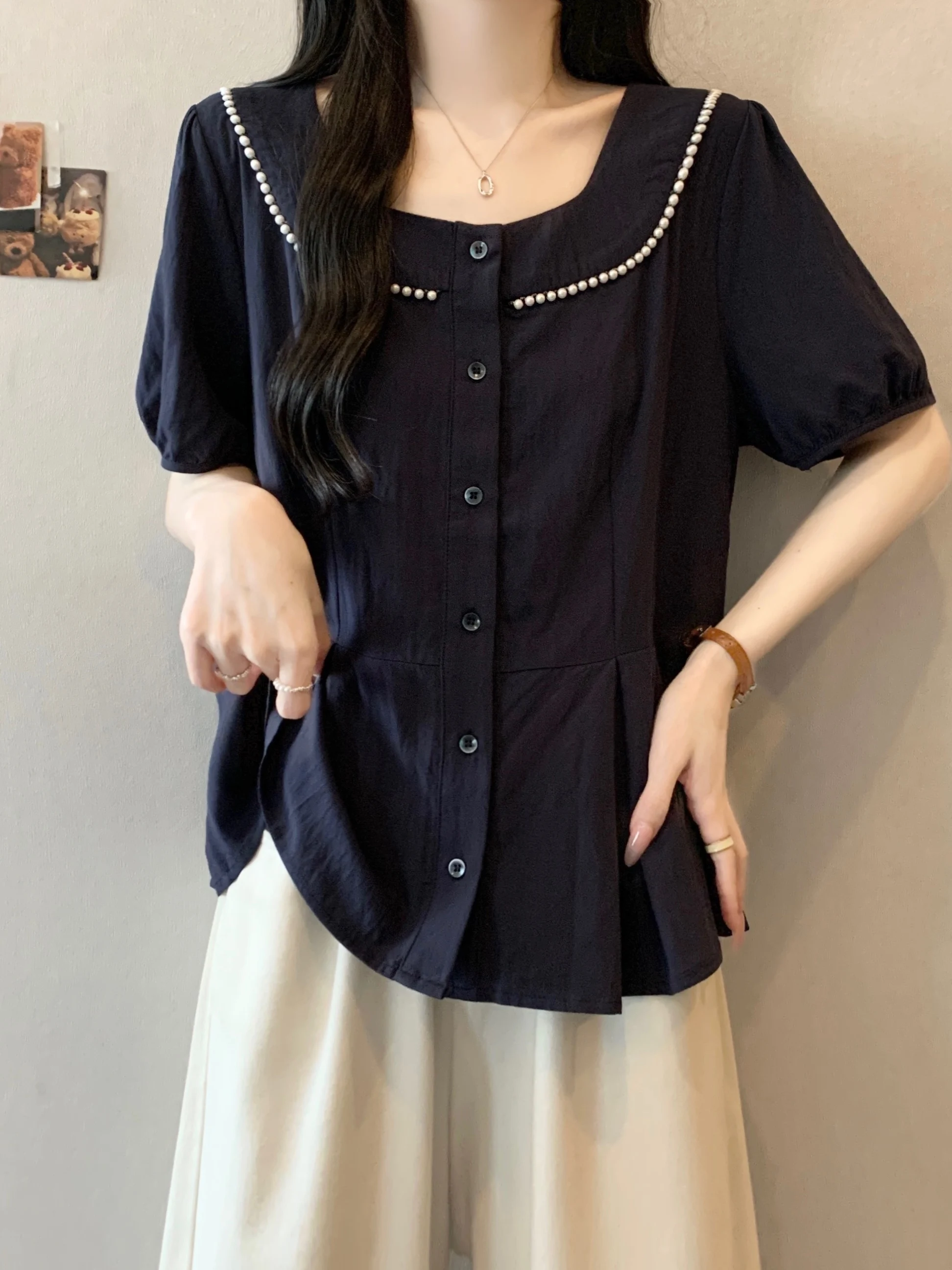 

plus Size Summer Fashion Young-looking Heavy-duty Beaded Square-neck Puffy Sleeve Shirt Slimming Meat Concealing Women's Top