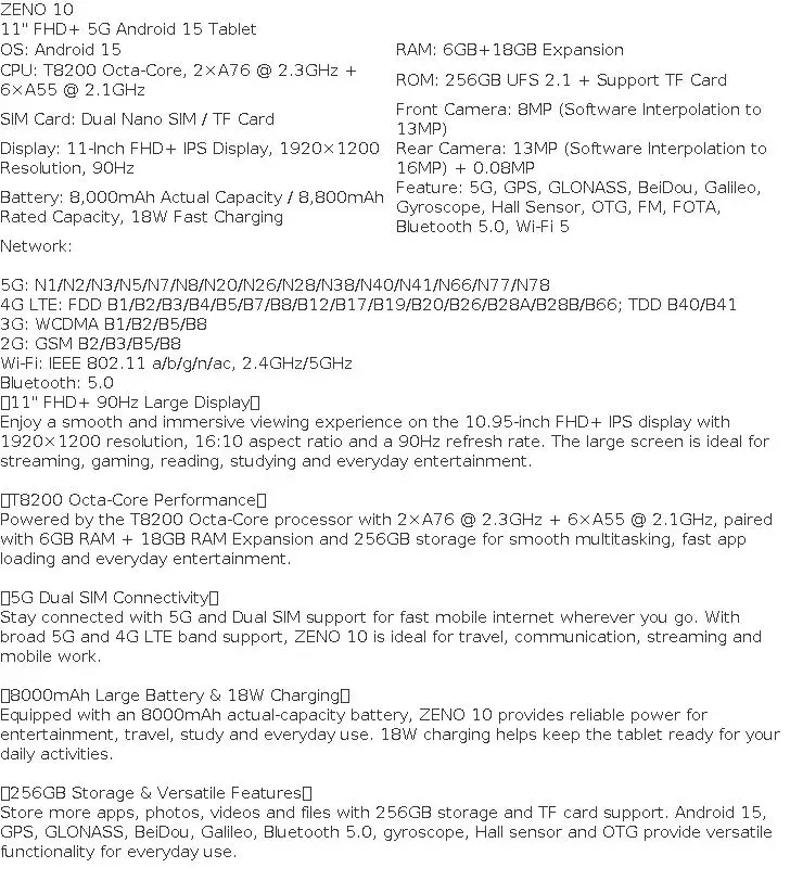 Blackview ZENO 10 Tablet PC 5G AI Android 15 T8200 Octa Core 11' FHD+ IPS 90Hz Display Smart Tablets Pad PC With Bluetooth