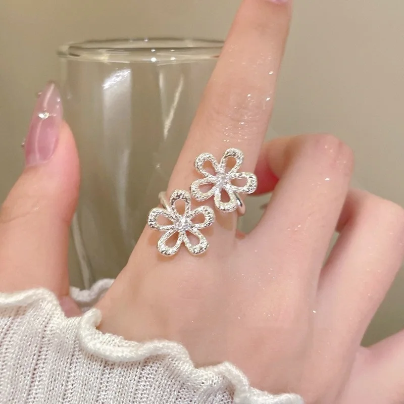 

925 Sterling Silver Geometric Hollowed Out Flower Plant Adjustable Opening Ring for Women Fine Jewelry Minimalist Accessories