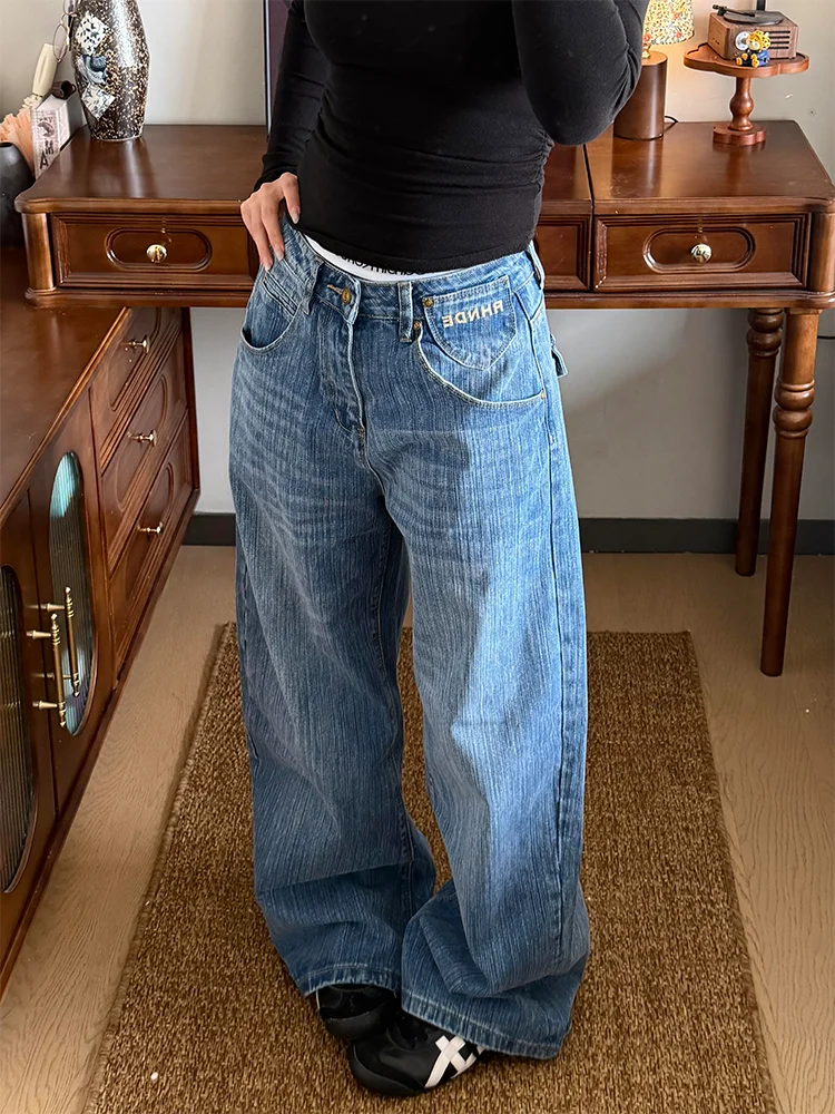 

Large Size American Retro Washed Wide Leg Jeans Women Loose Casual New Versatile Draping Floor-Length Straight Leg Pants