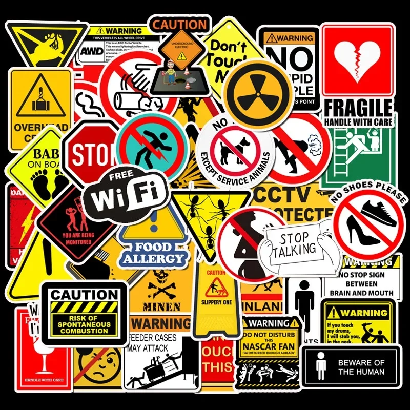 50PCS Warning Stickers Danger Banning Signs Reminder Waterproof Decal Sticker to Laptop Luggage Phone Snowboard Papery Pop Store