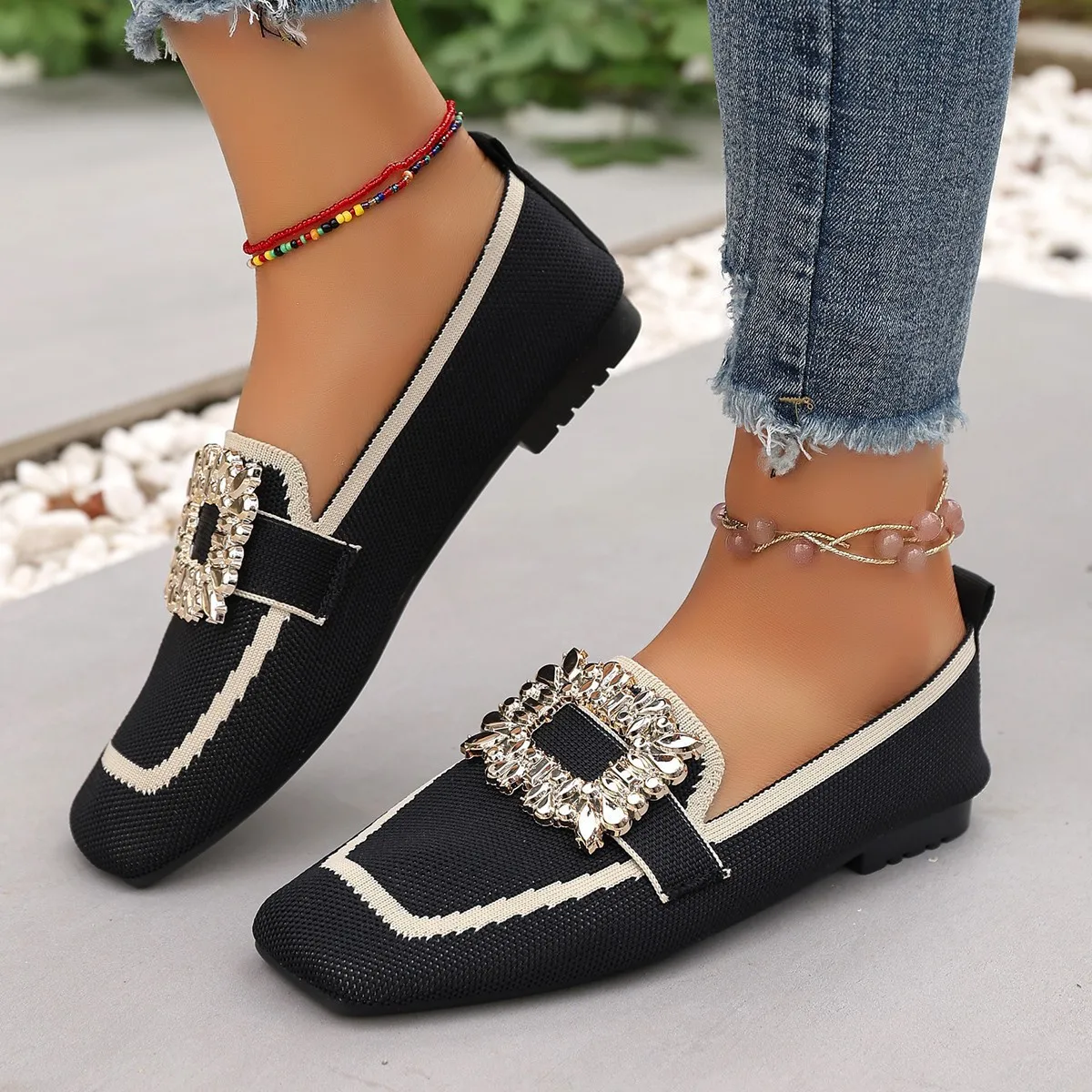 Spring Women's Flat Shoes New Knitting Sock Sneakers Breathable Slip on Female Loafers Plus Size 36-43 Fashion Buckle Flat Shoe view 2