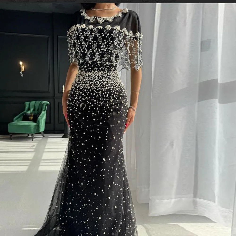 فساتين سهرة مخصصة من اللؤلؤ الفاخر مع فستان رسمي بحورية البحر مطرز برقبة دائرية للنساء