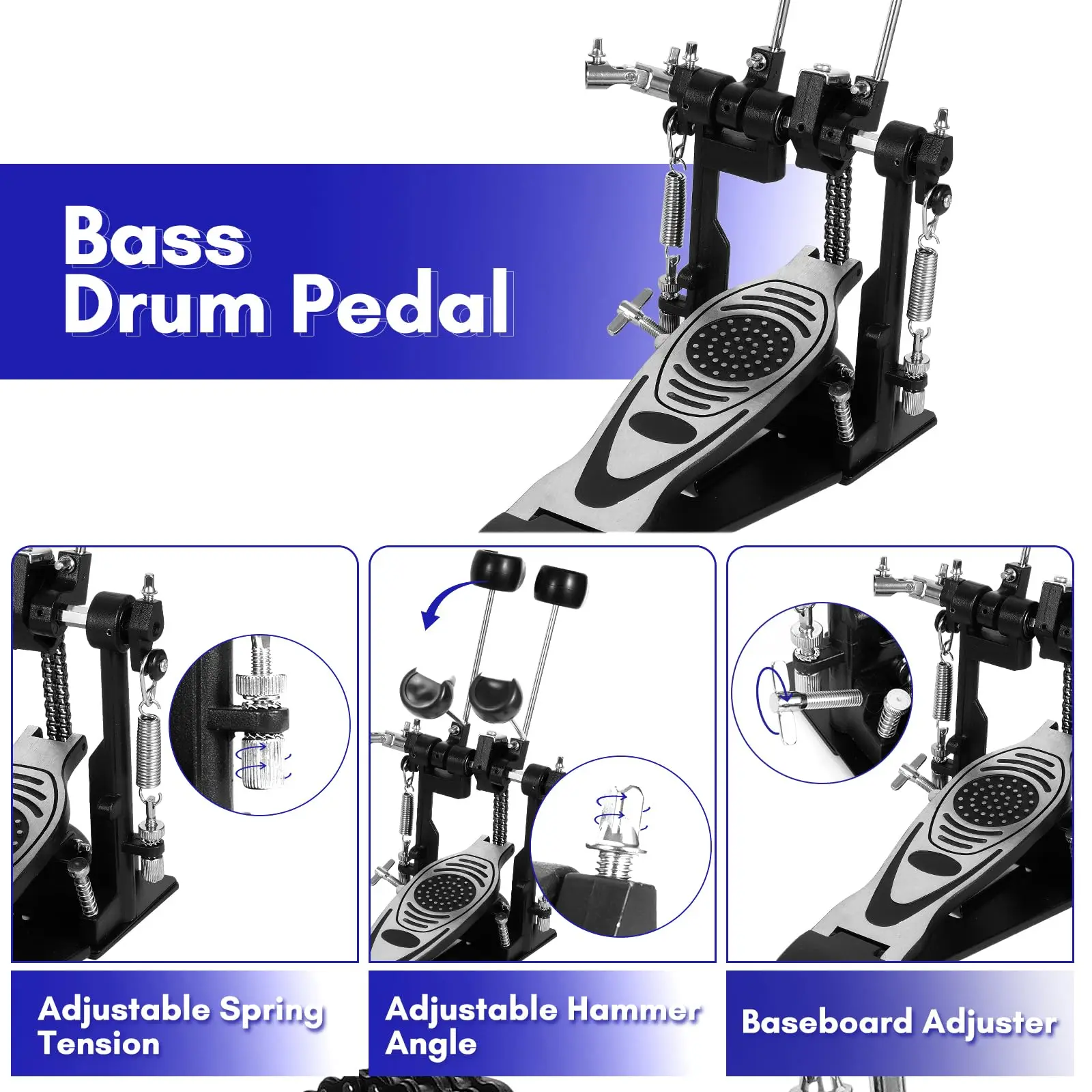 Double Bass Drum Pedal, Dual Chain Drive Double Kick Pedal with Patch Set, Heavy Duty for Professional Drum Set