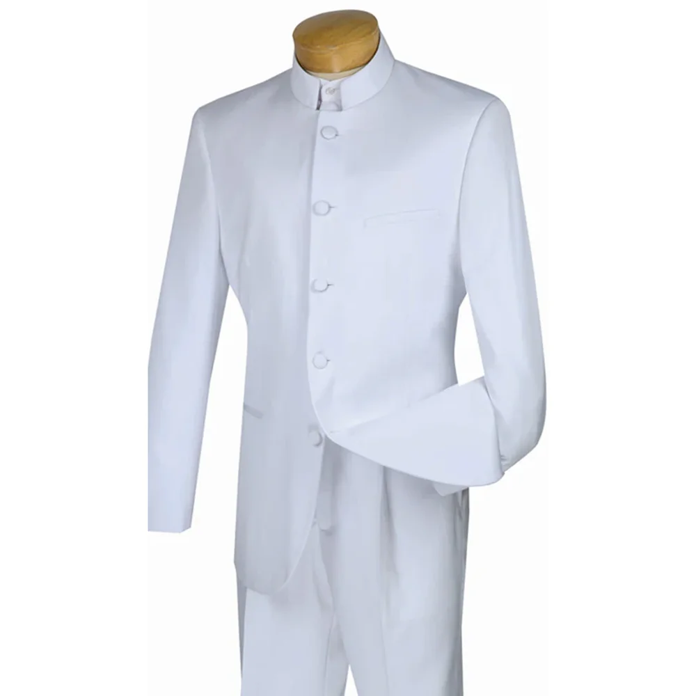 

Men's White Mandarin Collar Suit Set Single Breasted Blazer and Pants Fashion Formal Wedding Groom Party Tuxedos 2 Piece
