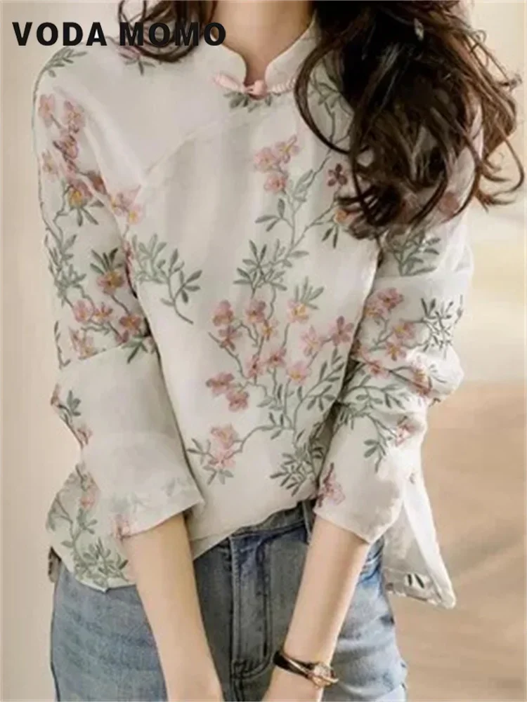 Chinese Style High Quality Flower Embroidery Long Sleeve Autumn Tops Cotton and Linen Elegant Shirt Linen Shirt Cheongsam Blouse