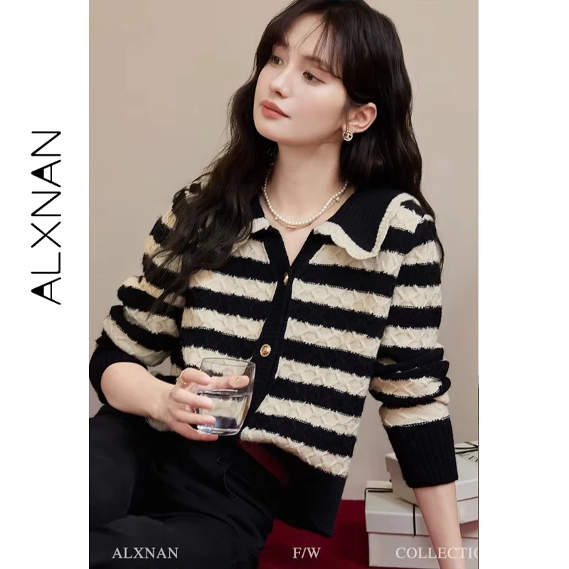 

ALXNAN женские вязаные пуловеры, новинка 2025, осень, полосатые топы с цветными блоками и лацканами, повседневный стиль, топы с длинными рукавами, женские свитера L50616