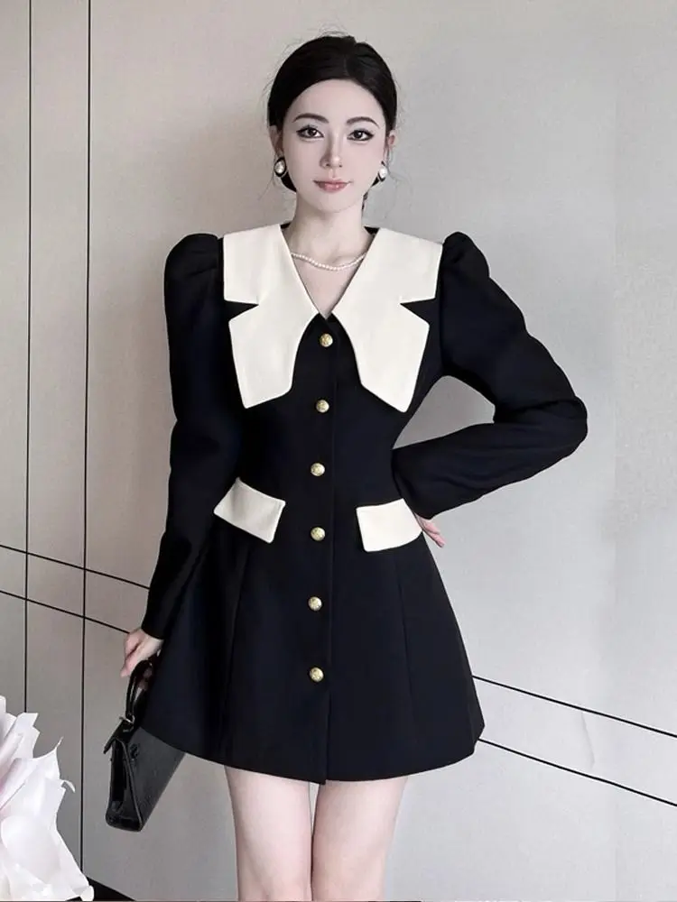 Insozkdg Elegant Fashion White Lapel Black Short Dress Bow Bubble Long Sleeve Slim Dress Women A-Line Dresses 2024 Spring New